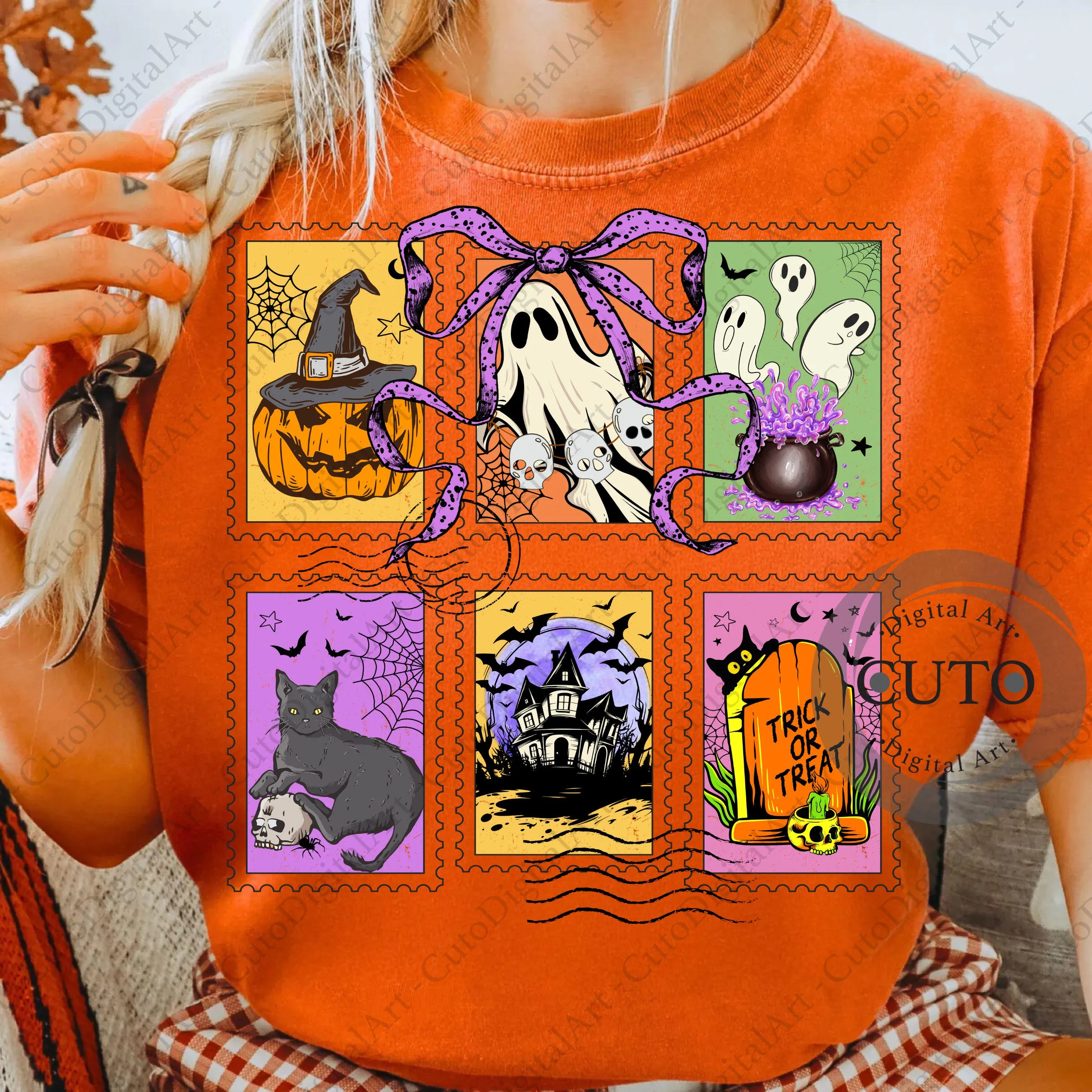 Halloween Stamp Set T-Shirts & Sweatshirts Design PNG - Pumpkins, Cats, Ghosts, Haunted House, Trick or Treat - Digital Download