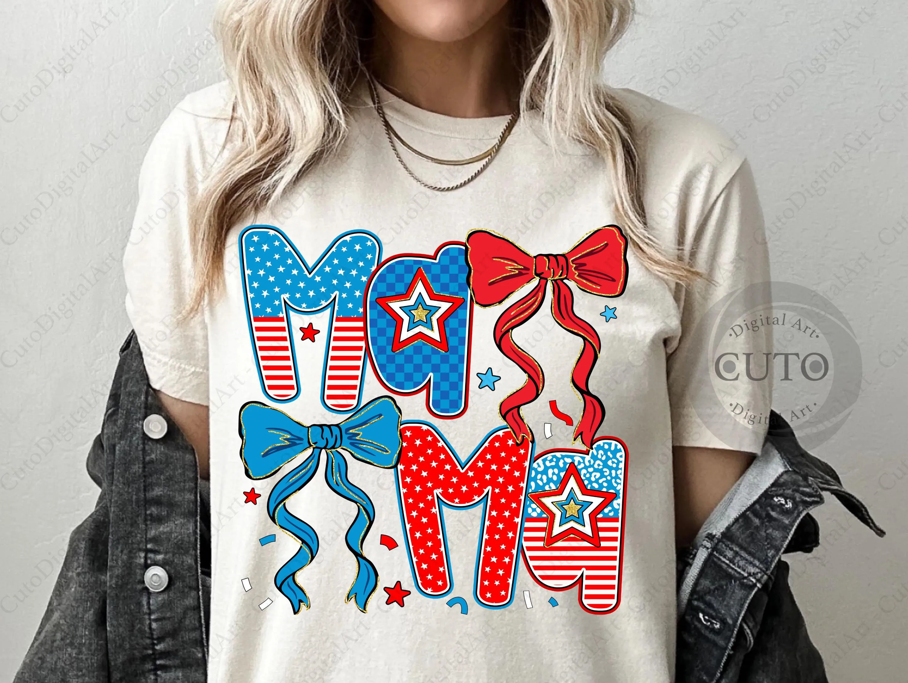 Patriotic Mama PNG | 4th July Red White Blue Gold Glitter Bow T-Shirt Sublimation | USA Mama Stars Stripes Transparent PNG File for Tees