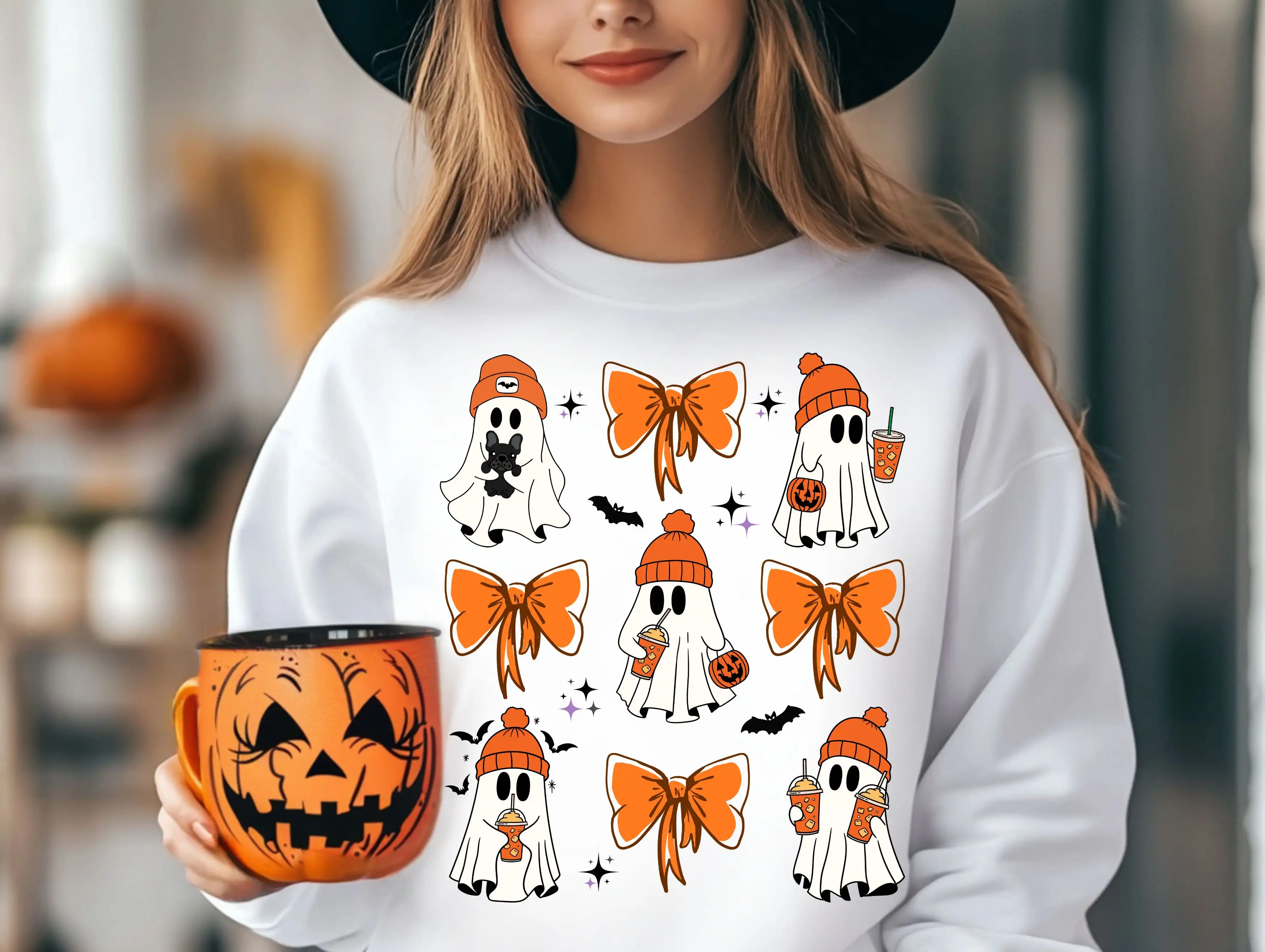 Cute Ghost T-Shirt Design | Ice Coffee Lover Sweatshirt Art | Orange Halloween PNG Sublimation | Spooky Vibes PNG | Spirits Digital File