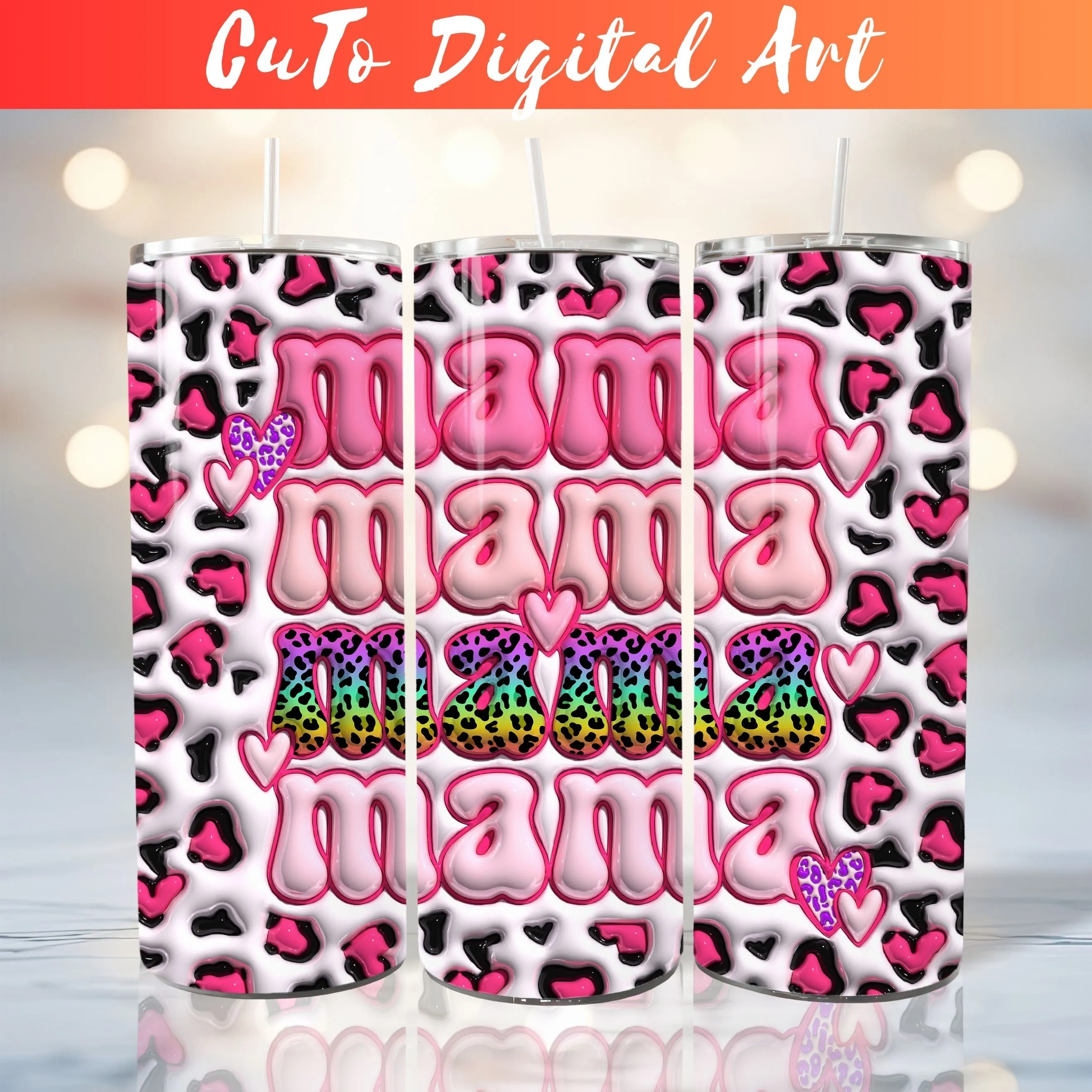 3D Retro Mama Valentine Day Inflated Tumbler Wrap - Puffy Leopard 20oz Tumbler Sublimation - Skinny Tumbler Wrap - Instant Digital Download