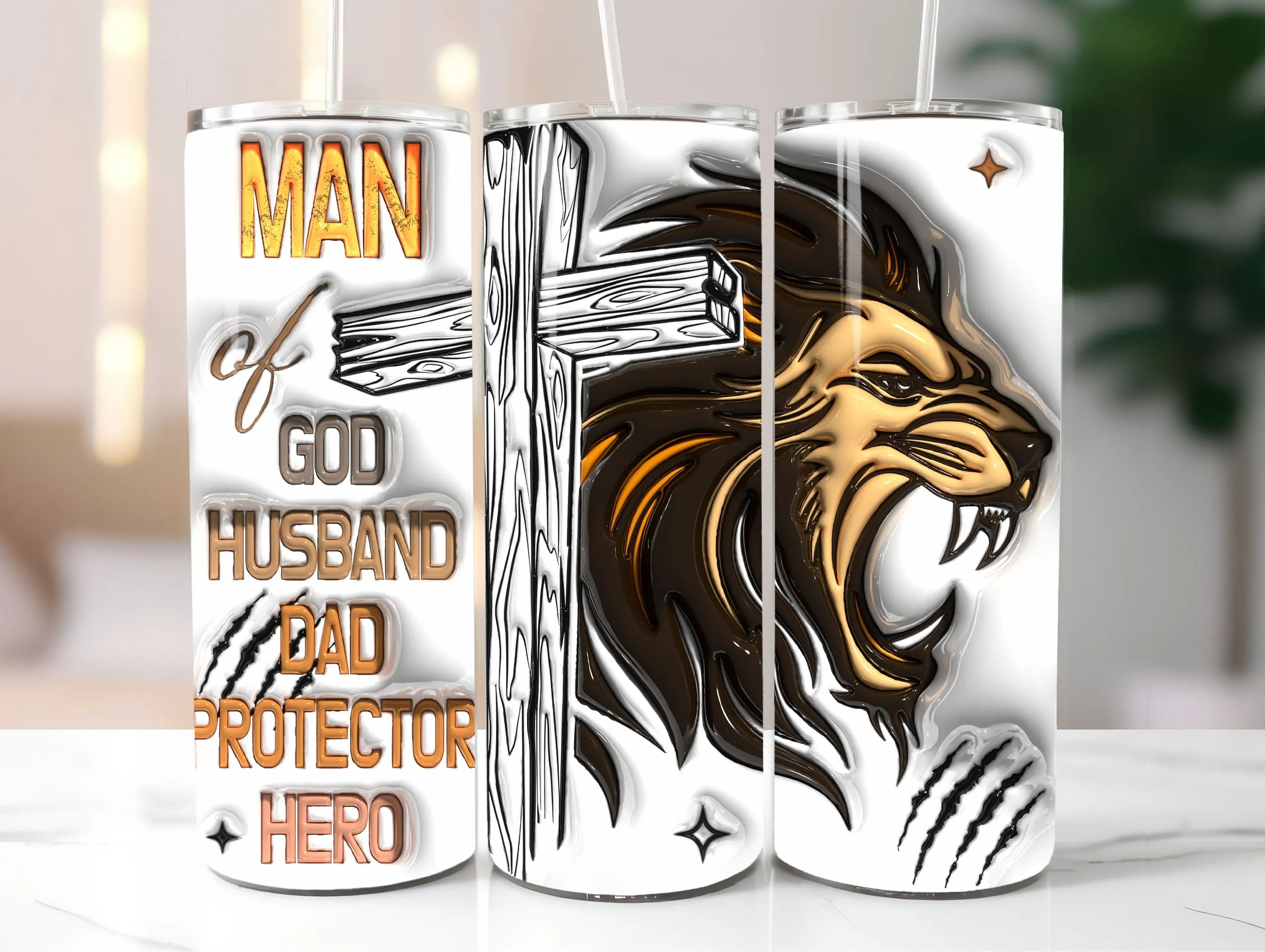 Man of God Tumbler Wrap Design with Lion and Cross, Inspirational Protector, Hero for Christian Fathers, Puffy Father's Day 20oz Sublimation