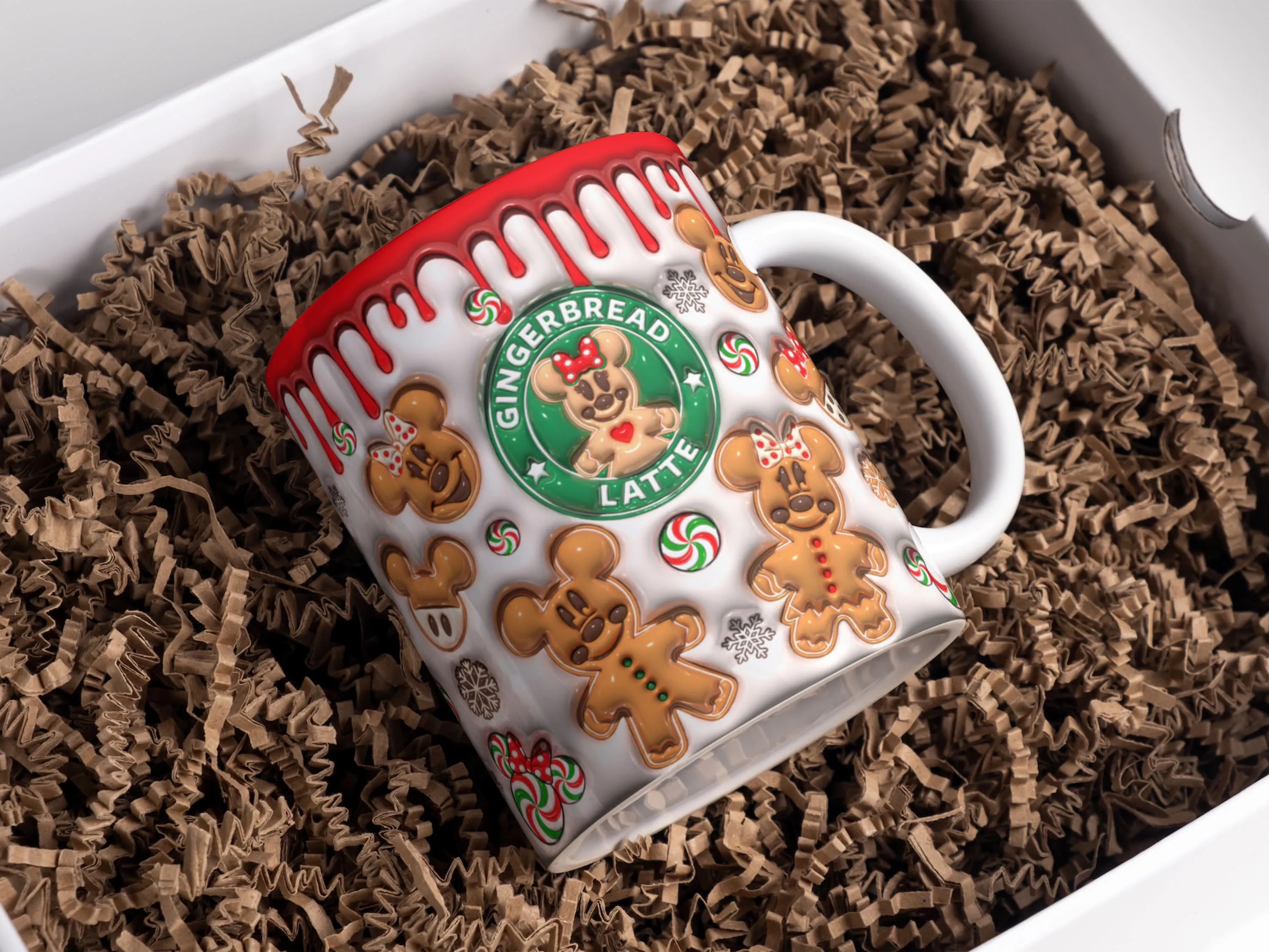 3D Inflated Cartoon Gingerbread Latte Mug Wrap Design 11oz & 15oz, Puffy Christmas Mug Sublimation Design PNG, Mug Template For Sublimation