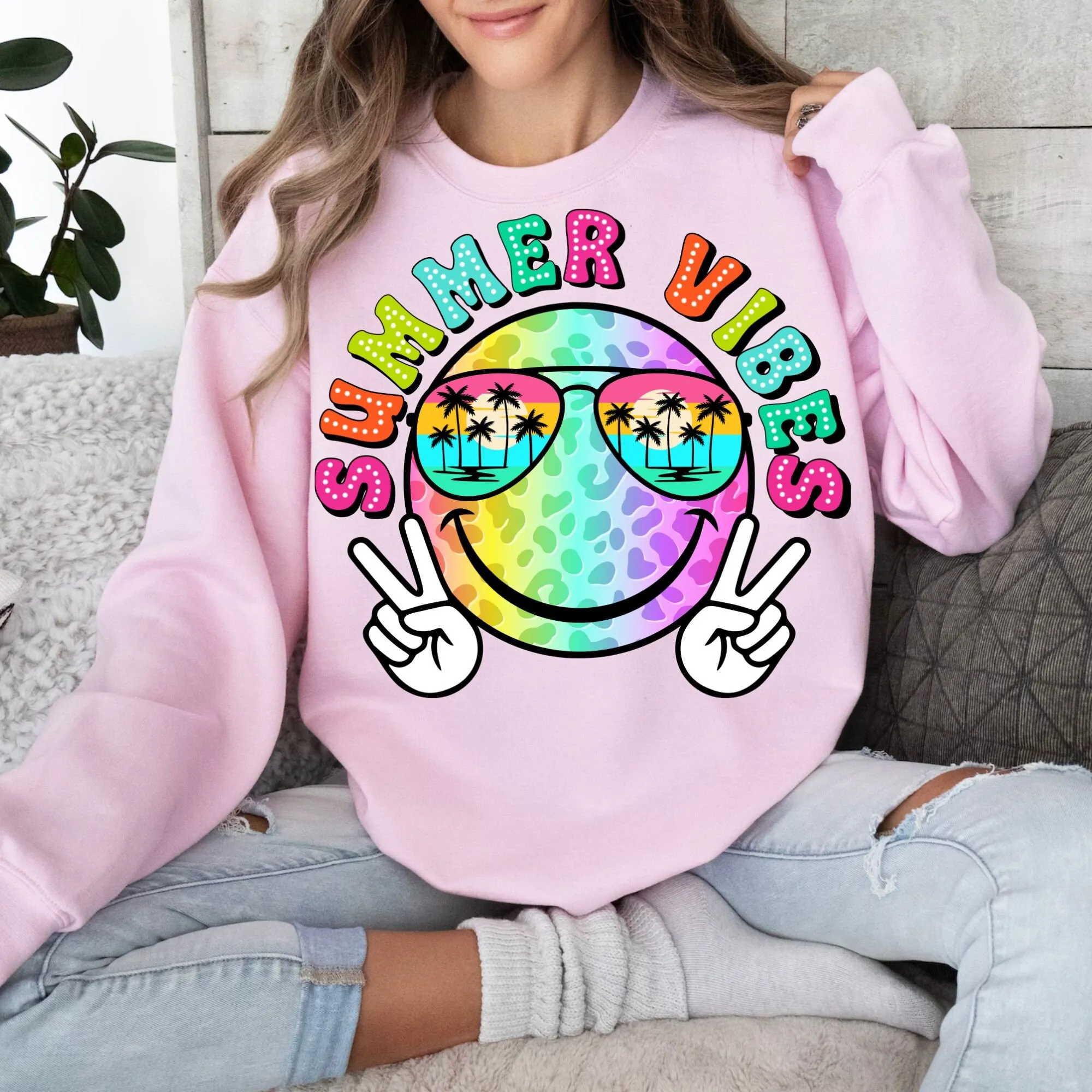 Colorful Summer Vibes Png, Smiley Face Png, Hello Summer png, Summer Vibes Leopard Dots Png Design, Retro Beach Vacation T-shirt Sublimation