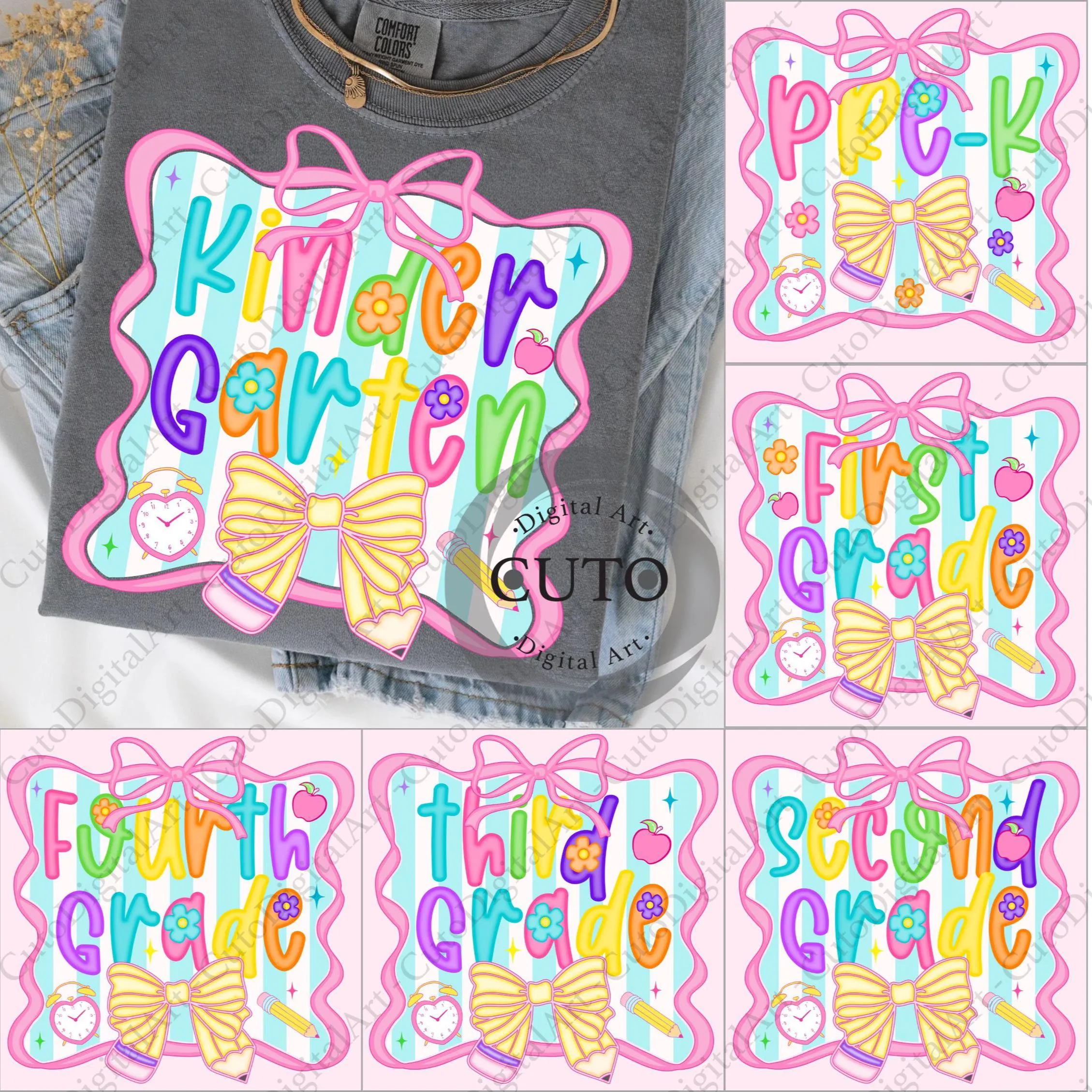 Preppy Pre-k 1st/2nd/3rd/4th Grade PNG Bundle, Teacher Back to School Digital Sublimation, Coquette Girly First Day of School Shirt Design