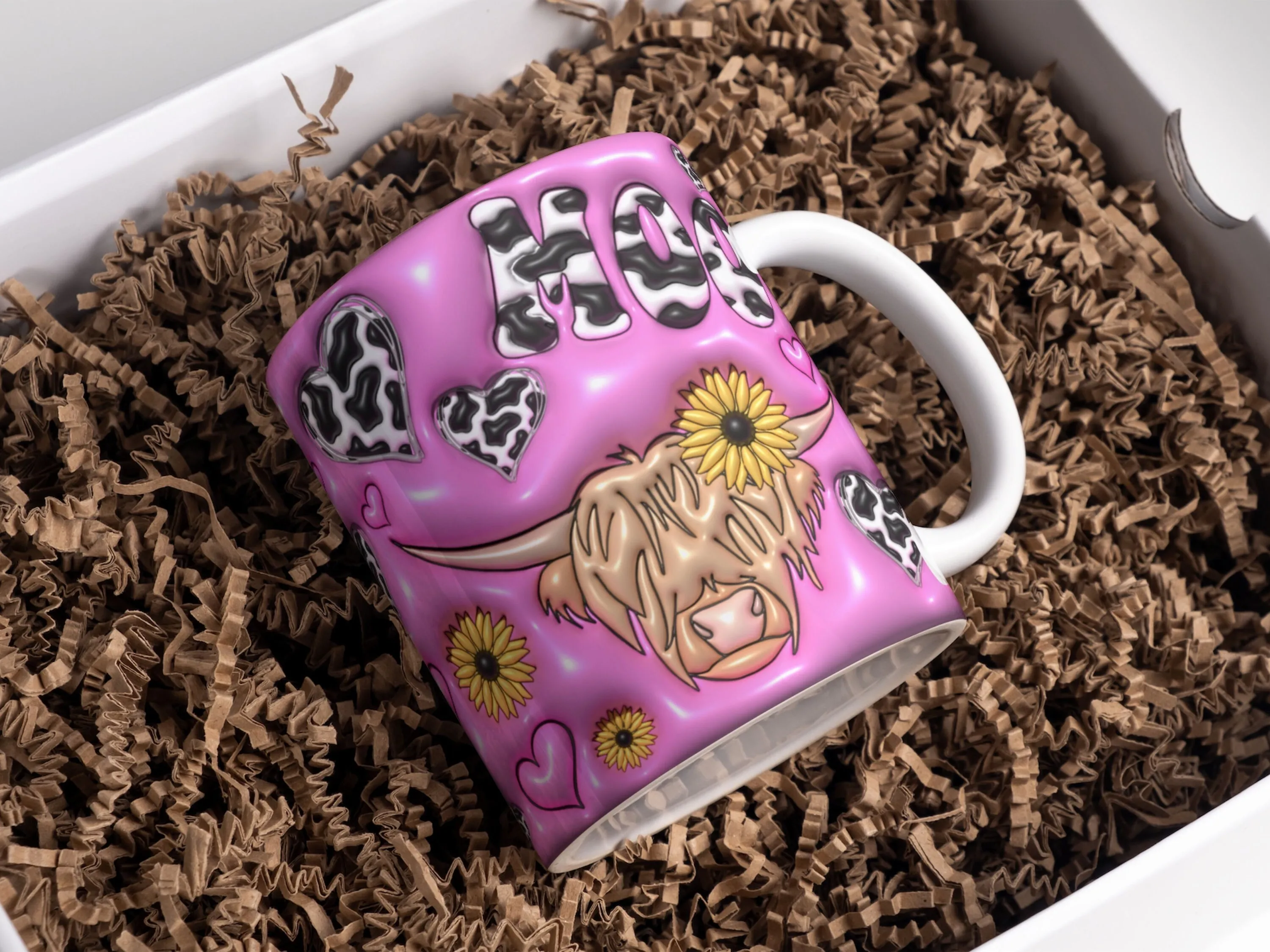 3D Highland Cow Inflated Mug Wrap Sublimation Design 11oz & 15oz, Puff Cow Mug PNG, Mug Sublimation Designs, Mug Template For Sublimation