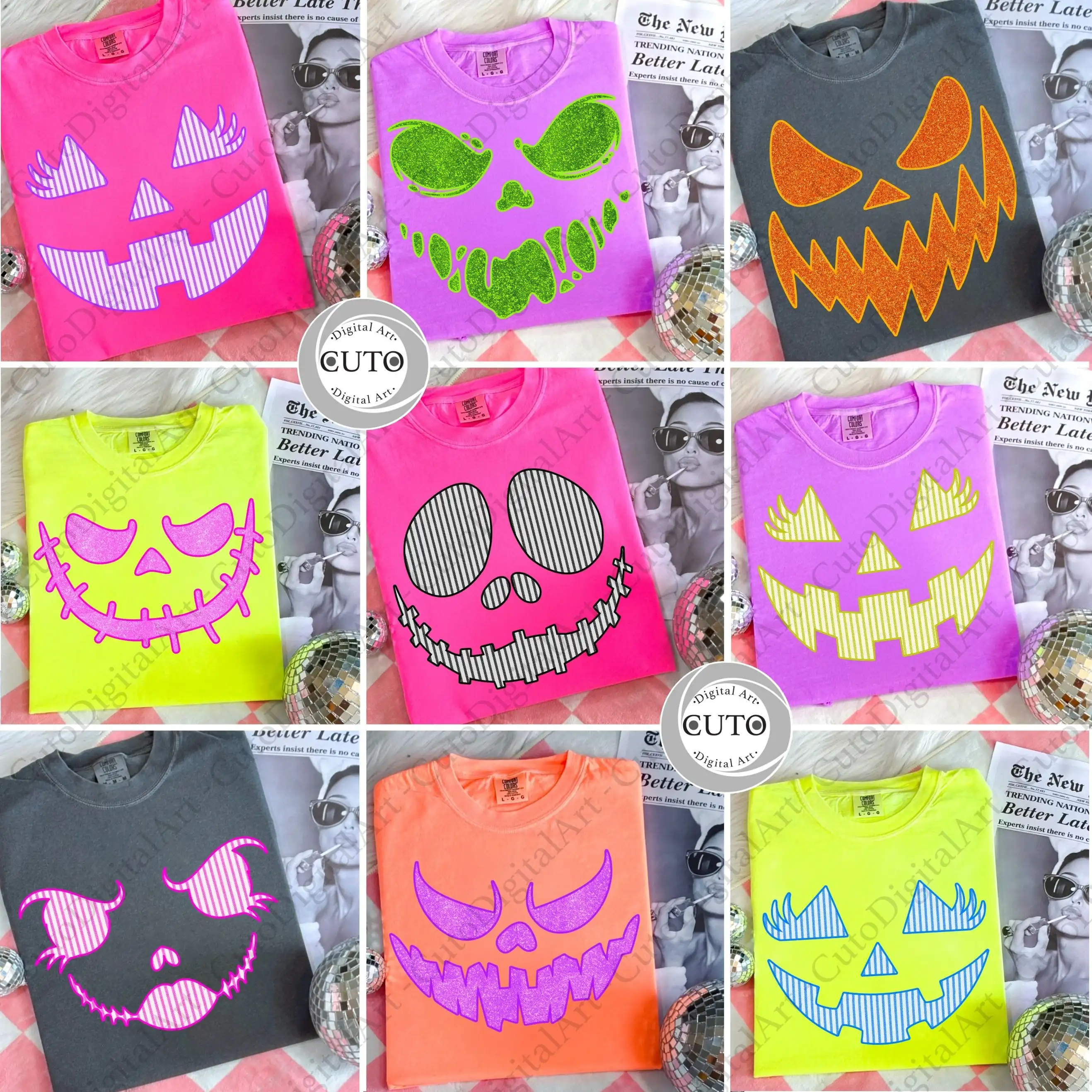 Halloween Pumpkin Face Bundle - 9 Spooky Jack O Lantern T-Shirt & Sweatshirt Designs - Trendy PNG Digital Download Sublimation