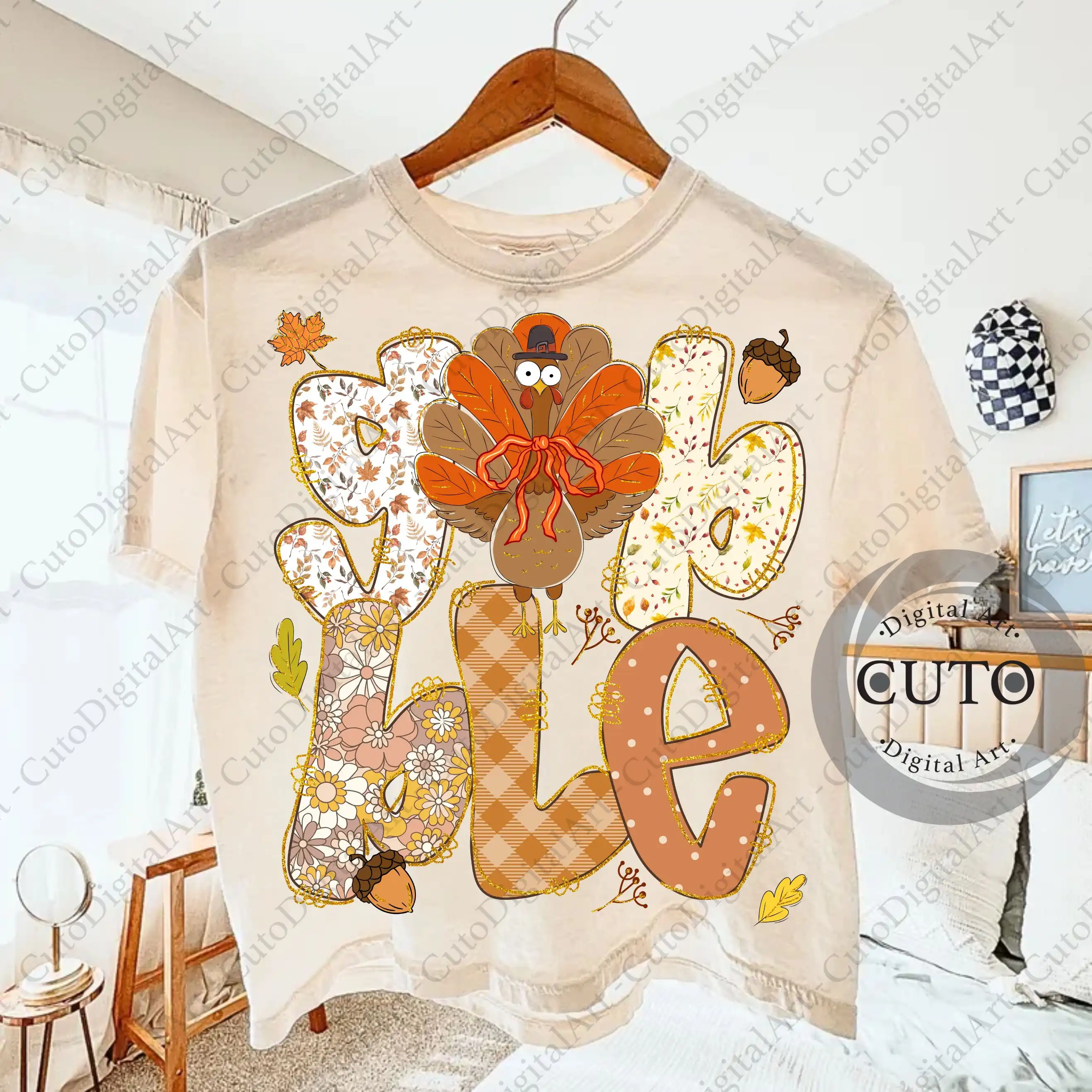 Gobble Thanksgiving Turkey Design for T-Shirts & Sweatshirts with Autumn Patterns - Doodle PNG Digital Download