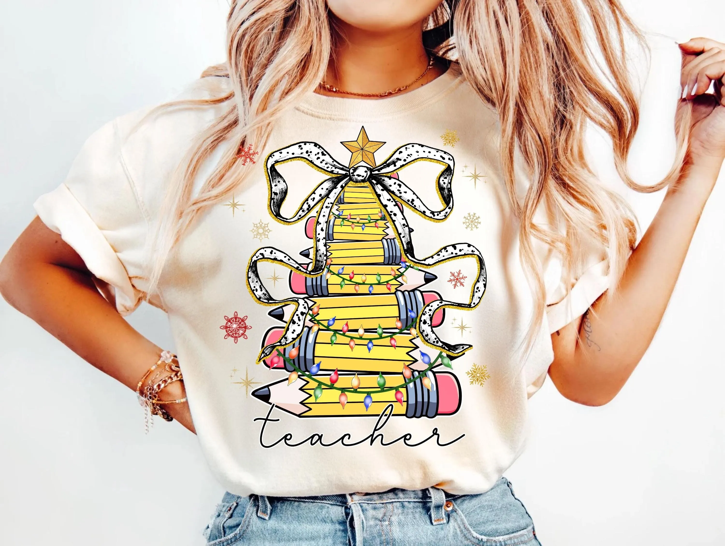 Christmas Teacher Pencil Tree Design | Holiday Teacher Gift Digital Download Transparent PNG | Festive Xmas School Shirt | Gold Star, Lights