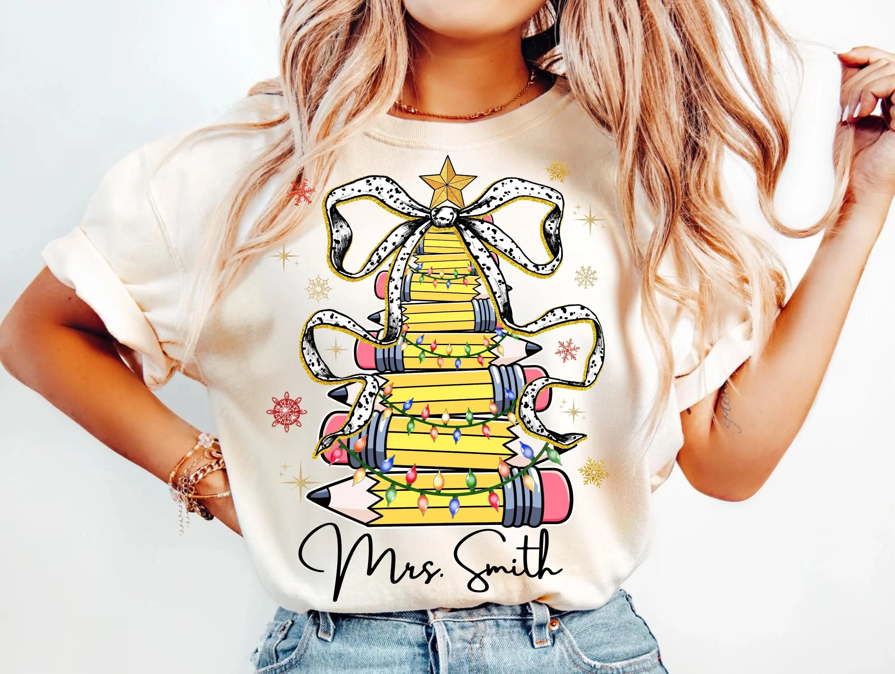 Christmas Teacher Pencil Tree with Lights | Personalized Name Holiday Teaching Shirt Design | School Xmas Tree | Gold Star, Polka Dot Bow