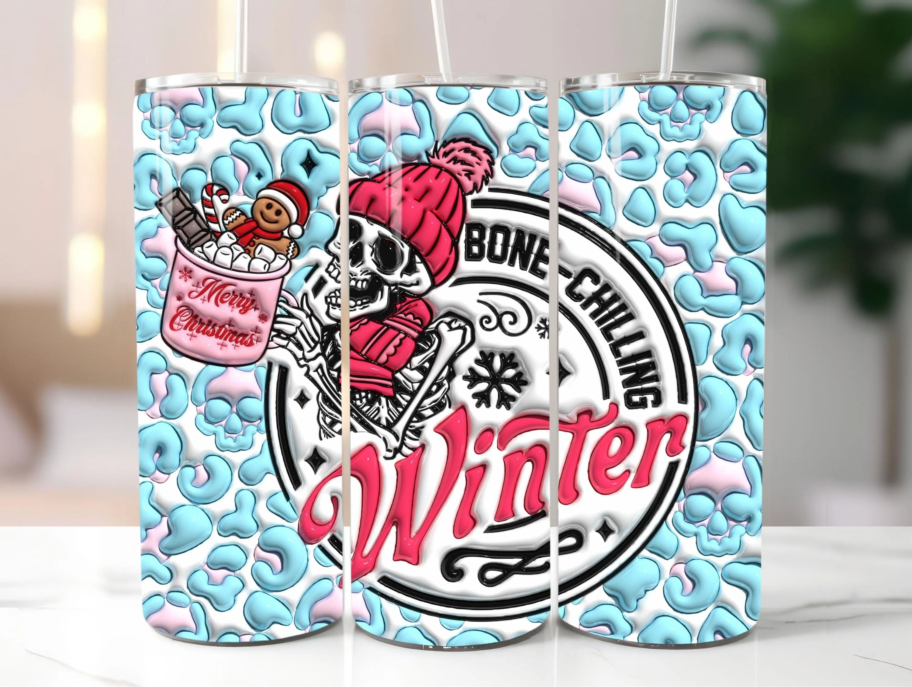 3D Inflated Winter Skeleton Tumbler Wrap, Puffy Bone-Chilling Winter PNG, 20oz Tumbler Sublimation, Christmas Season Design Digital Download