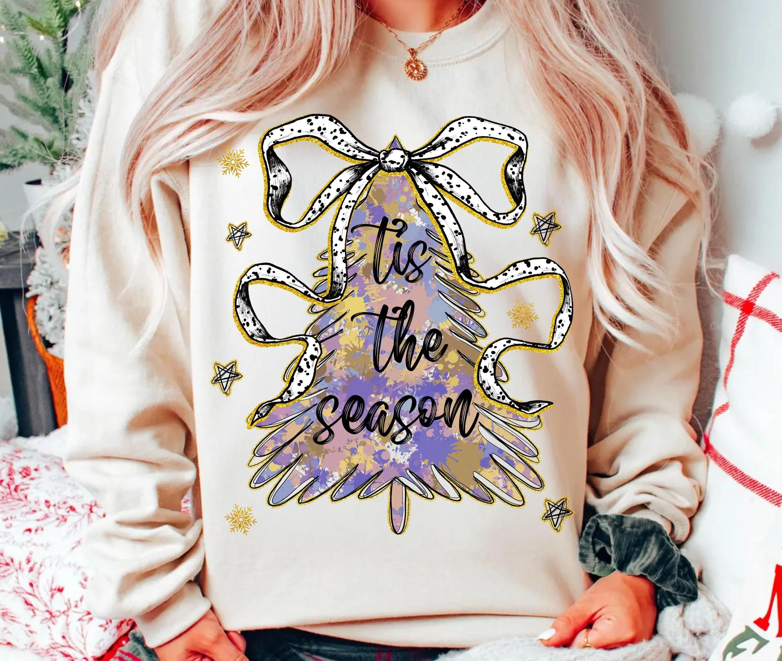 Tis The Season Winter Sublimation Design | Gold Glitter Bow Christmas Transfer for Shirts Sweatshirts | Purple Gold Xmas PNG Download