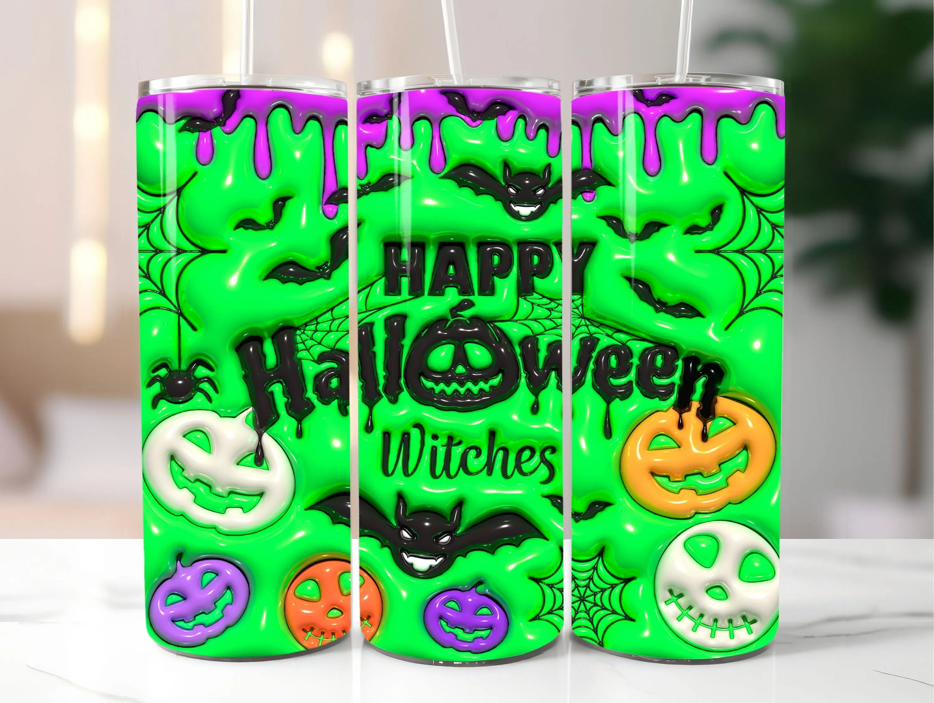 3D Inflated Happy Halloween Straight And Tapered Tumbler Wrap PNG - 3D Puffy Halloween 20oz Tumbler Sublimation - Instant Digital Download