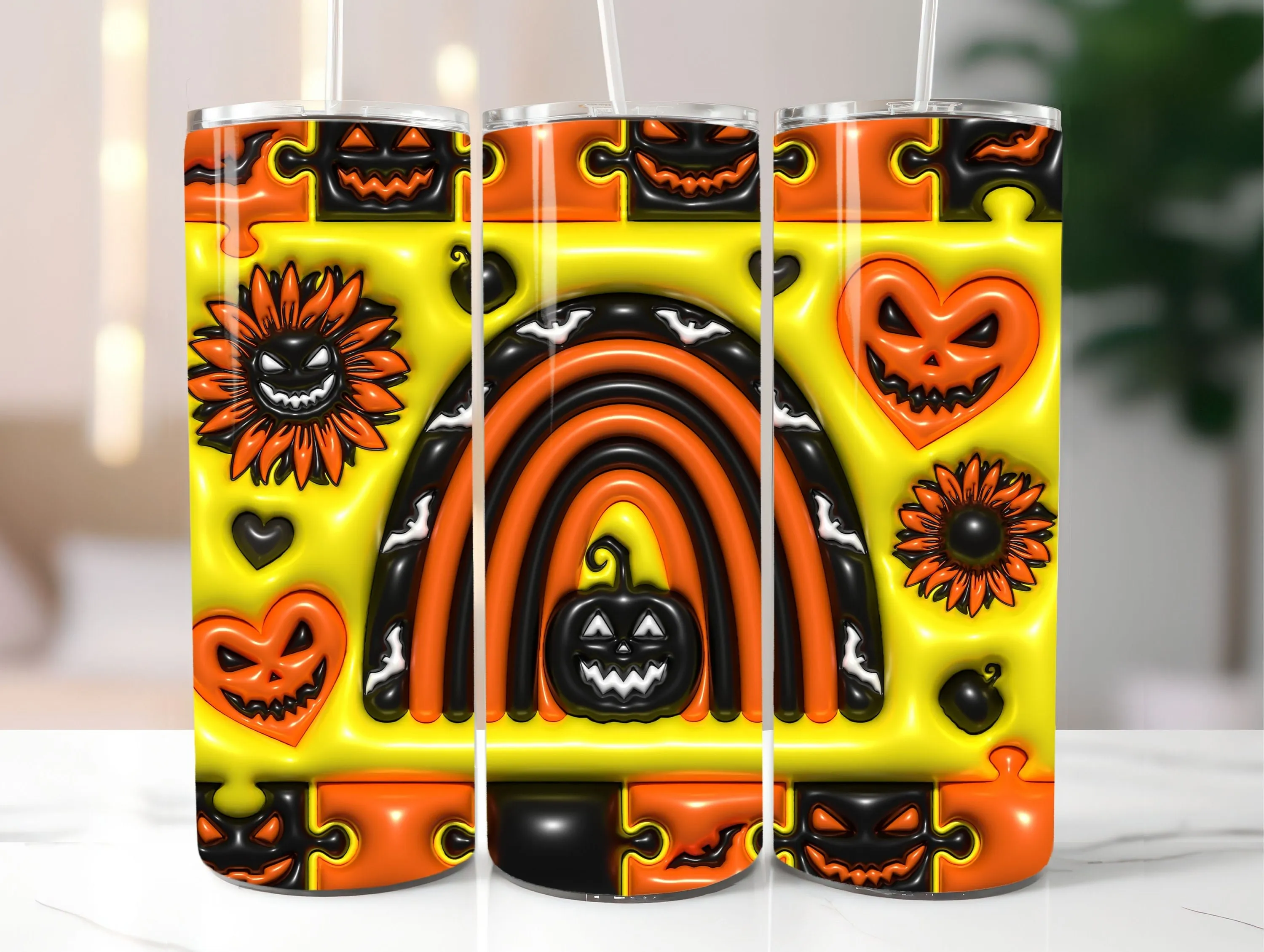 3D Scary Halloween Inflated Tumbler Wrap PNG - 3D Puffy Spooky Vibes 20oz Tumbler Sublimation Design - Horror Pumpkins PNG Digital Download