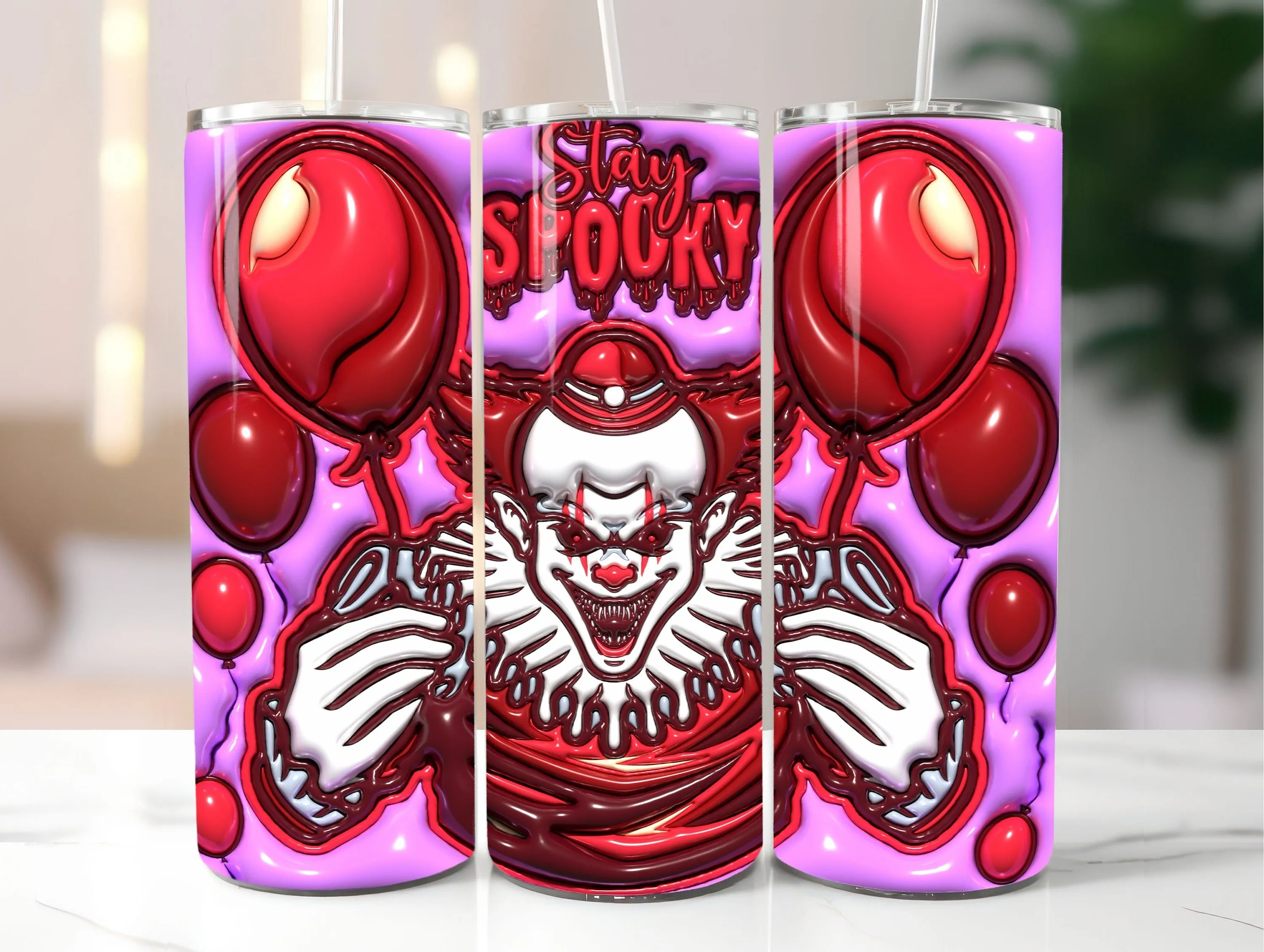 3D Horror Clown Inflated Tumbler Wrap PNG - 3D Puff Halloween 20oz Tumbler Sublimation - Skinny Tumbler Wrap - Instant Digital Download