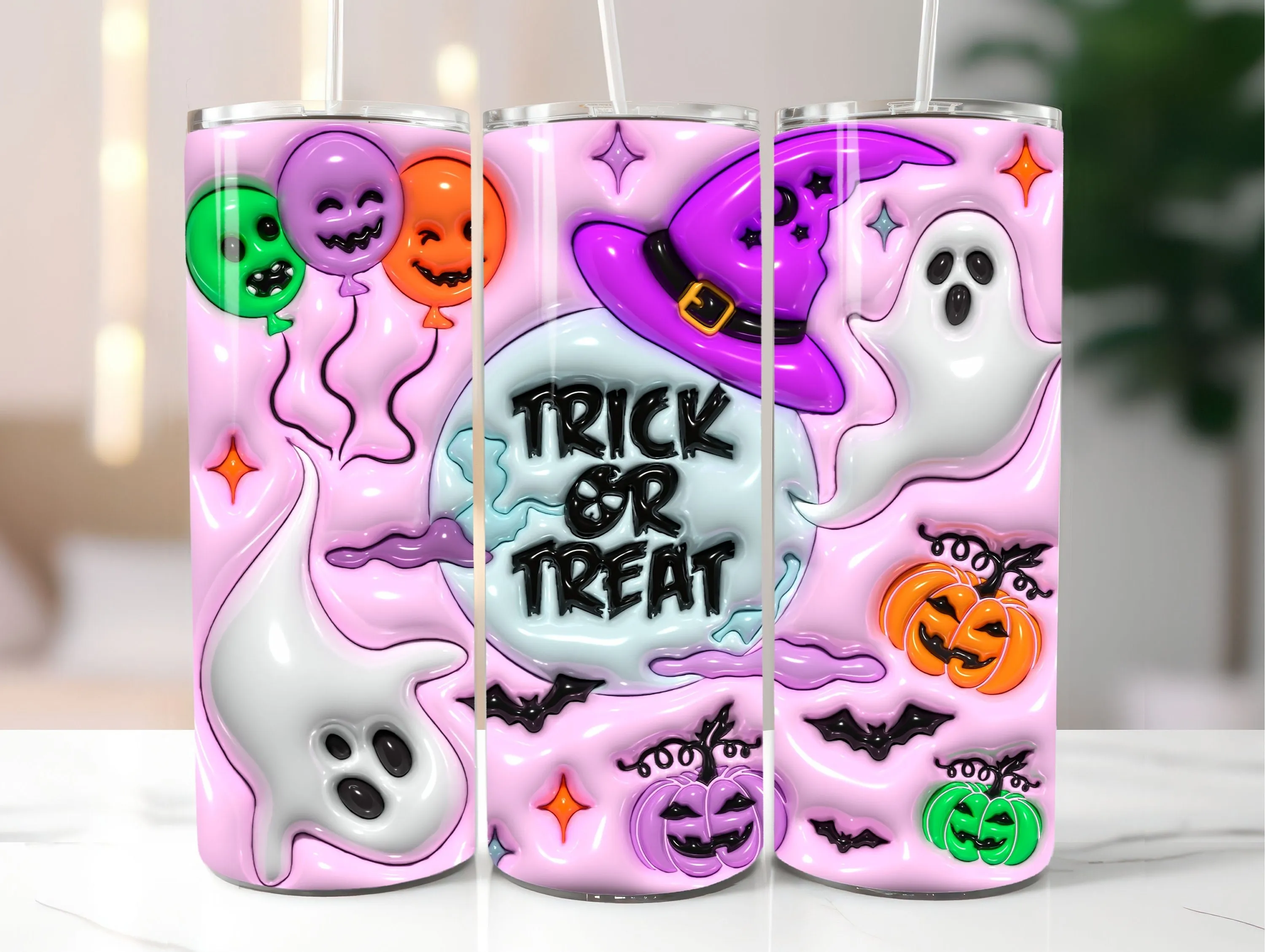 3D Trick or Treat Inflated Tumbler Wrap, 3D Puff Halloween Straight & Tapered PNG, 20oz Tumbler Sublimation Design, Instant Digital Download