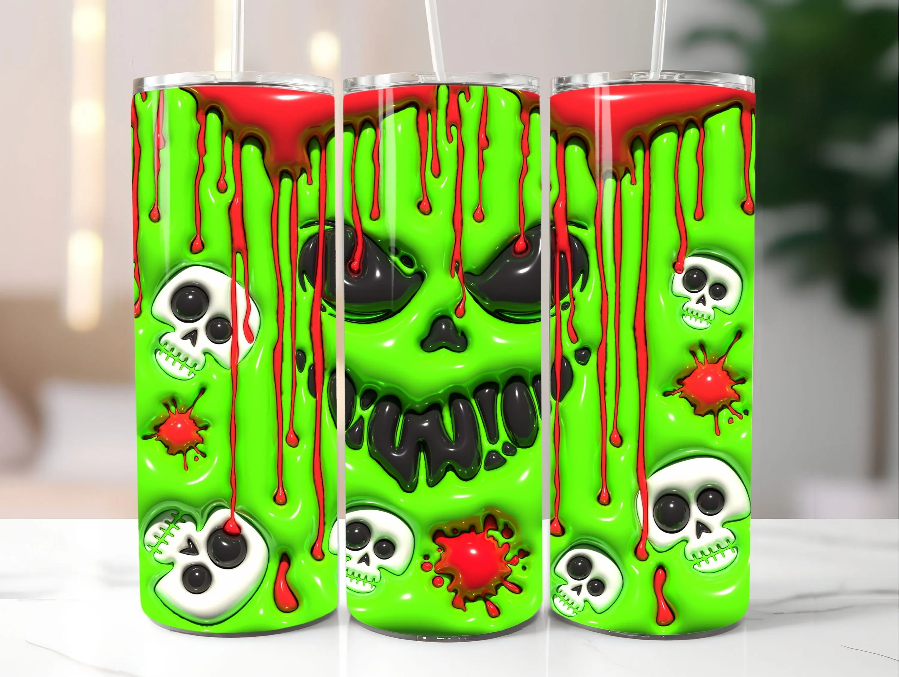 3D Green Horror Halloween Inflated Tumbler Wrap PNG - 3D Puff Horror Face 20oz Skinny Tumbler Sublimation Design - Instant Digital Download