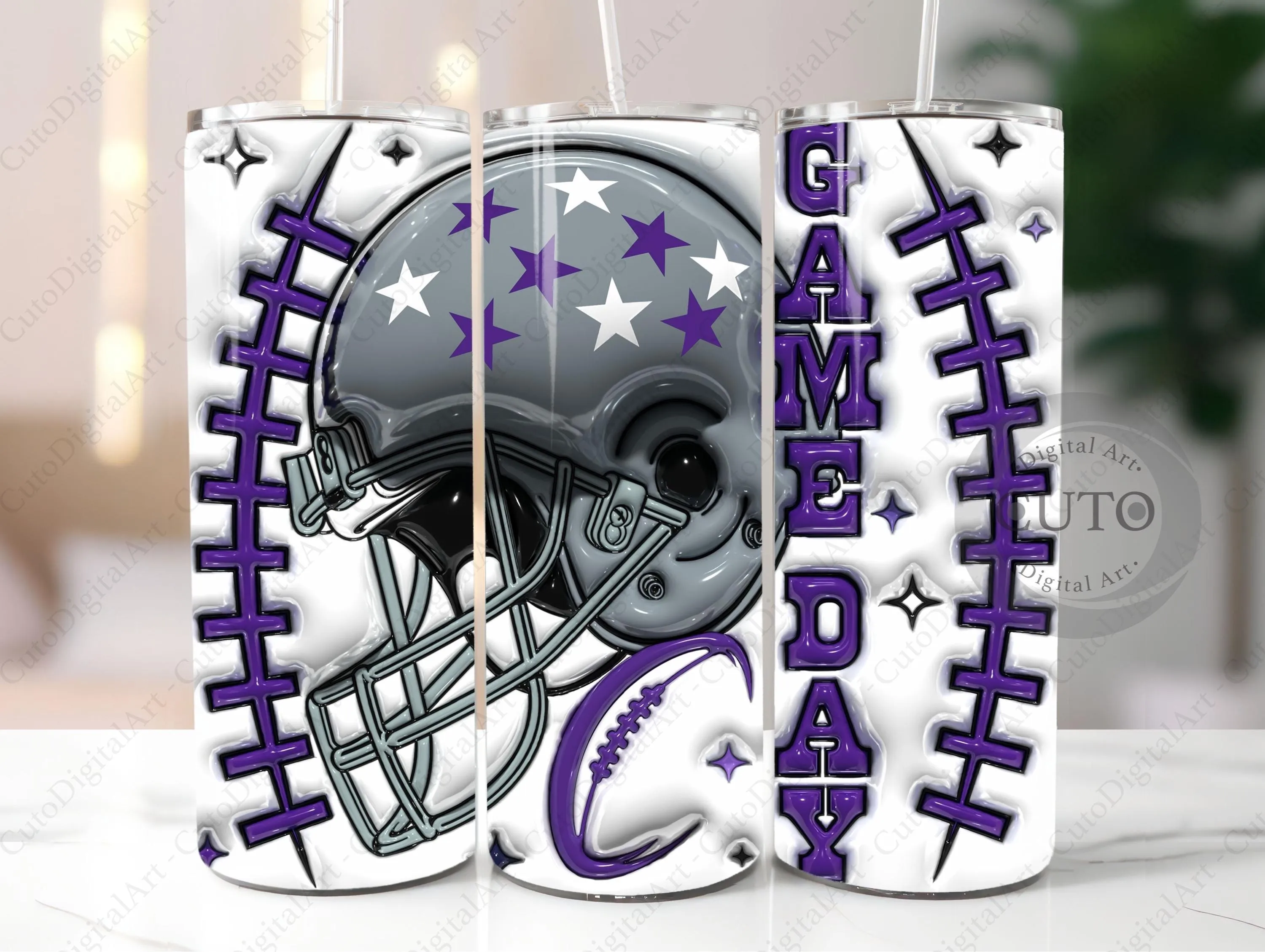 3D Purple Game Day Inflated Tumbler Wrap PNG, 3D Puffy Sublimation Design for American Football Fans, Touchdown Season Digital Download