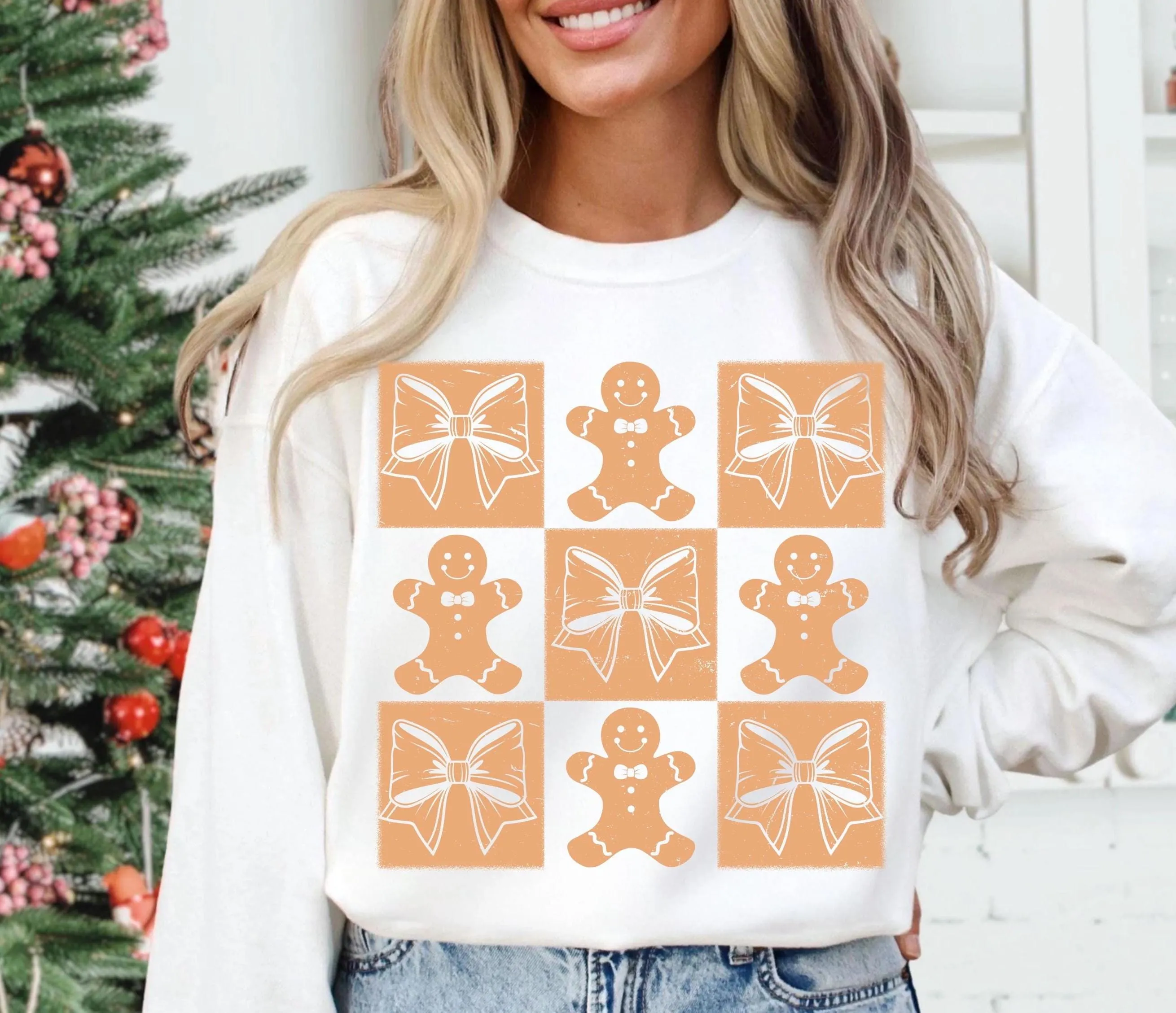 Gingerbread Man Bow Pattern | Christmas Holiday Design for T-shirts Sweatshirts | Distressed Vintage Style Xmas Sublimation Transparent PNG
