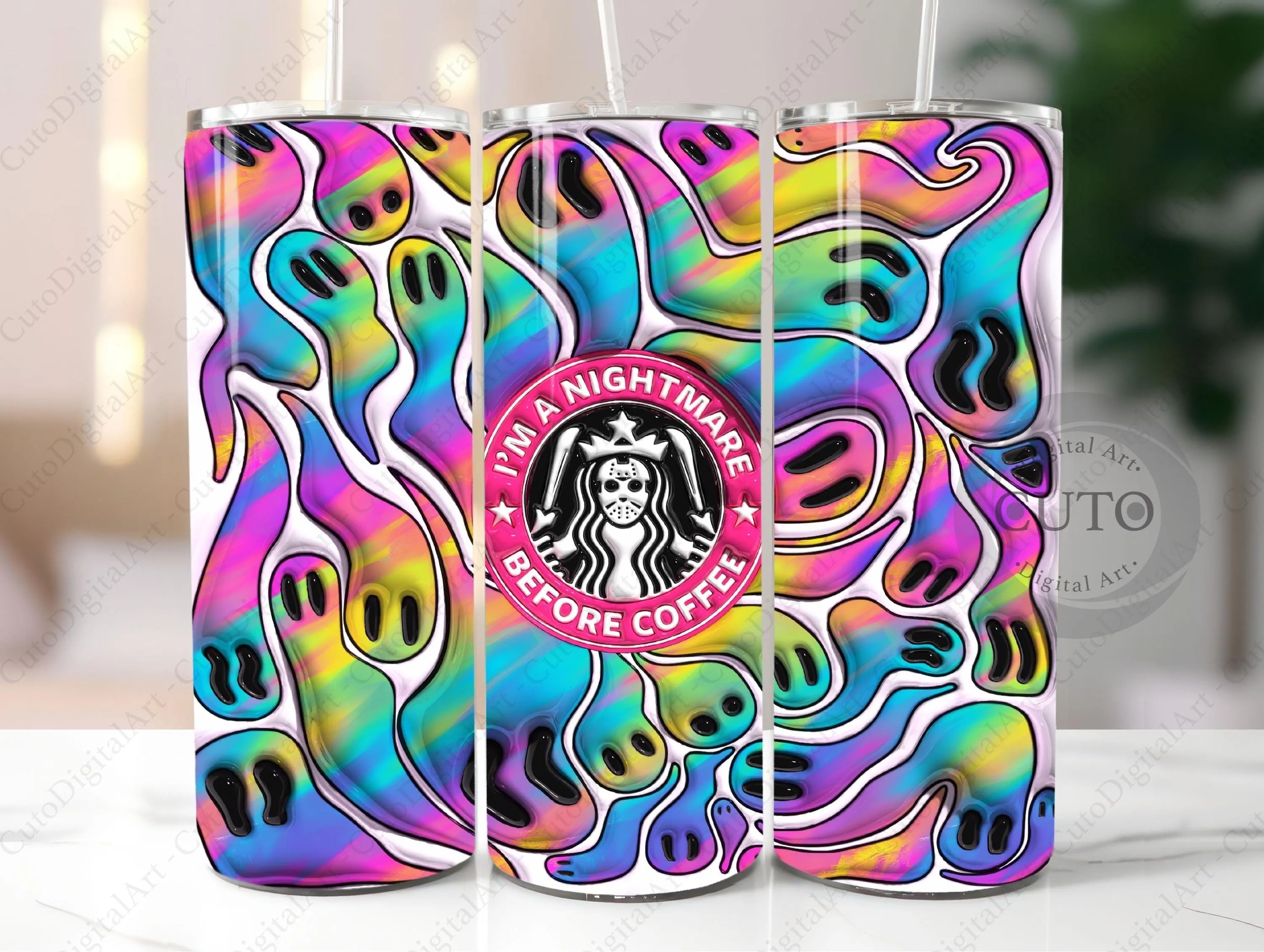 3D Neon I'm a Nightmare Before Coffee Inflated Tumbler Wrap, Puff Halloween Skinny Tumbler Sublimation, Trendy Colorful Ghost Digital Design