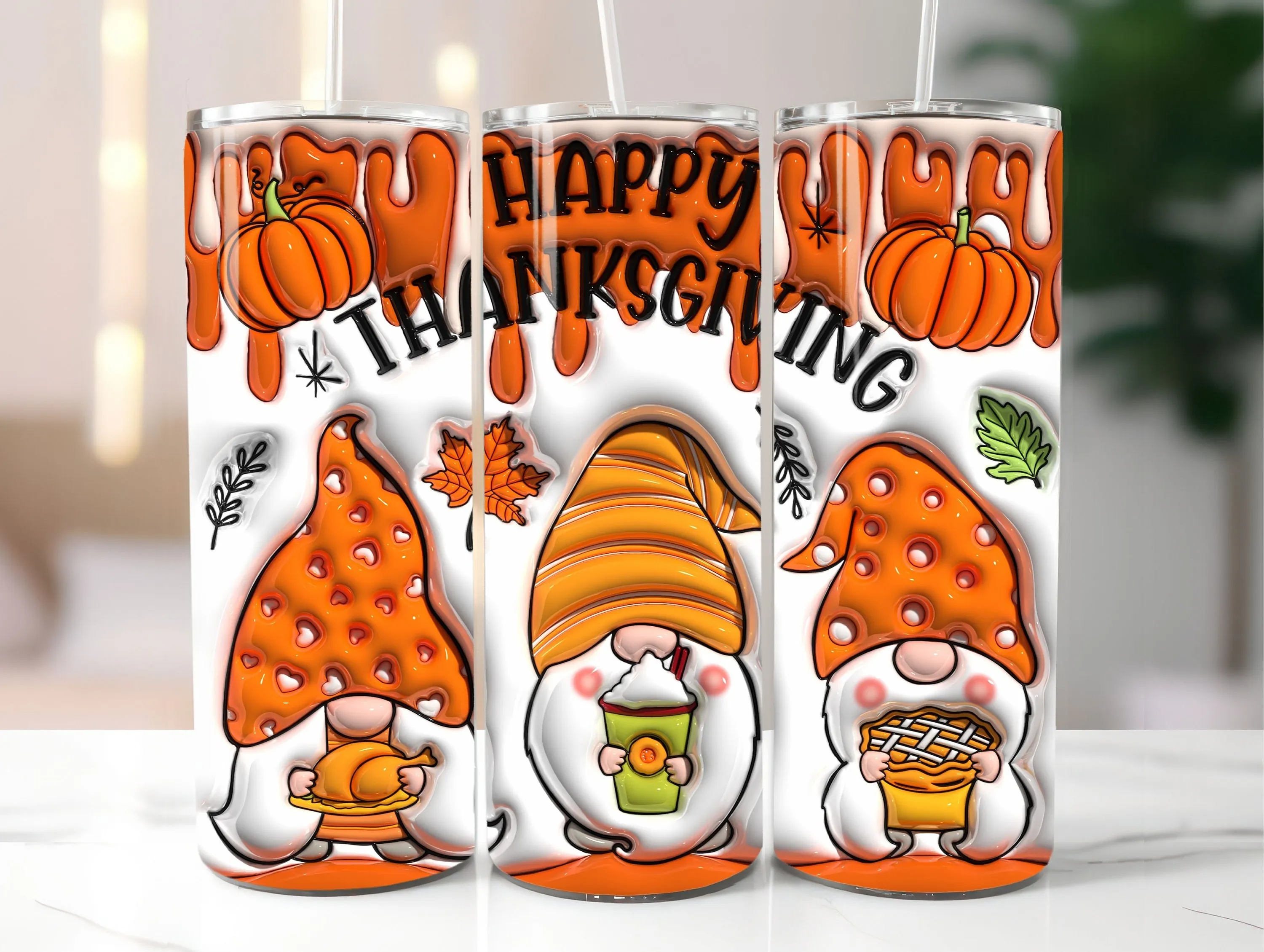 3D Happy Thanksgiving Inflated Tumbler Wrap PNG - 3D Puffy Gnomes 20oz Tumbler Sublimation - Skinny Tumbler Wrap - Instant Digital Download