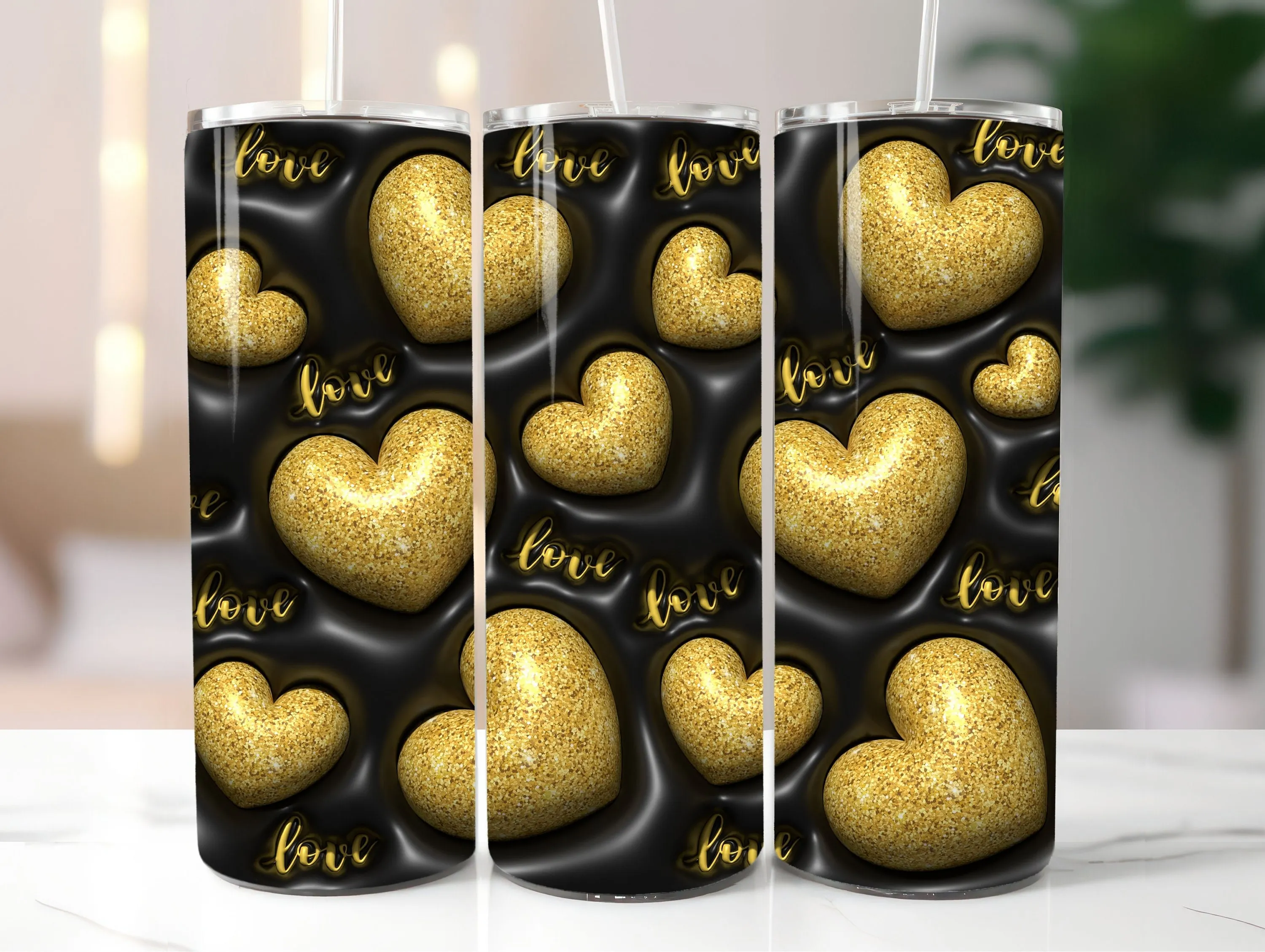 3D Gold Glitter Love Hearts Inflated Tumbler Wrap PNG, 3D Puffy Valentine's Day Hearts Digital Design, Saint's Day 20oz Tumbler Sublimation