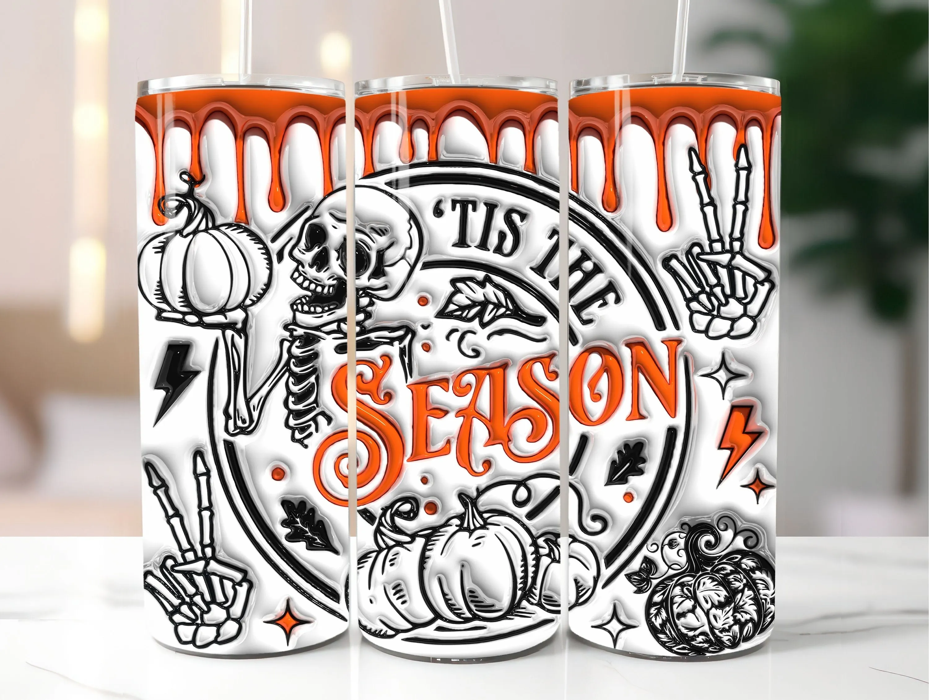 3D Seamless Tis The Season Inflated Tumbler Wrap, 3D Puffy Pumpkin Skull PNG, Peace sign skeleton 20oz Tumbler Sublimation Design