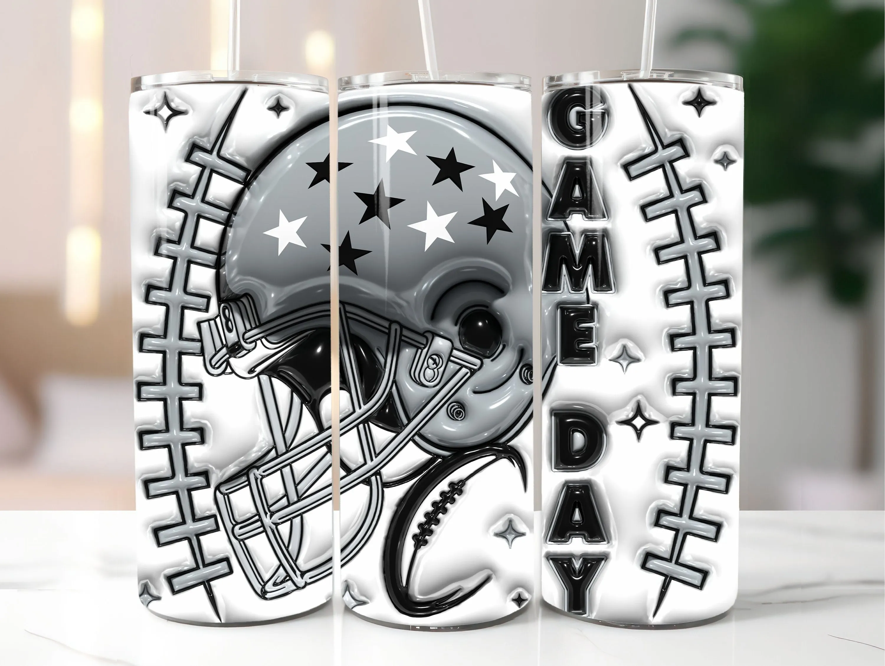 3D Black-White Game Day Inflated Tumbler Wrap PNG, 3D Puffy Sublimation Design for American Football Fans, Instant Digital Download