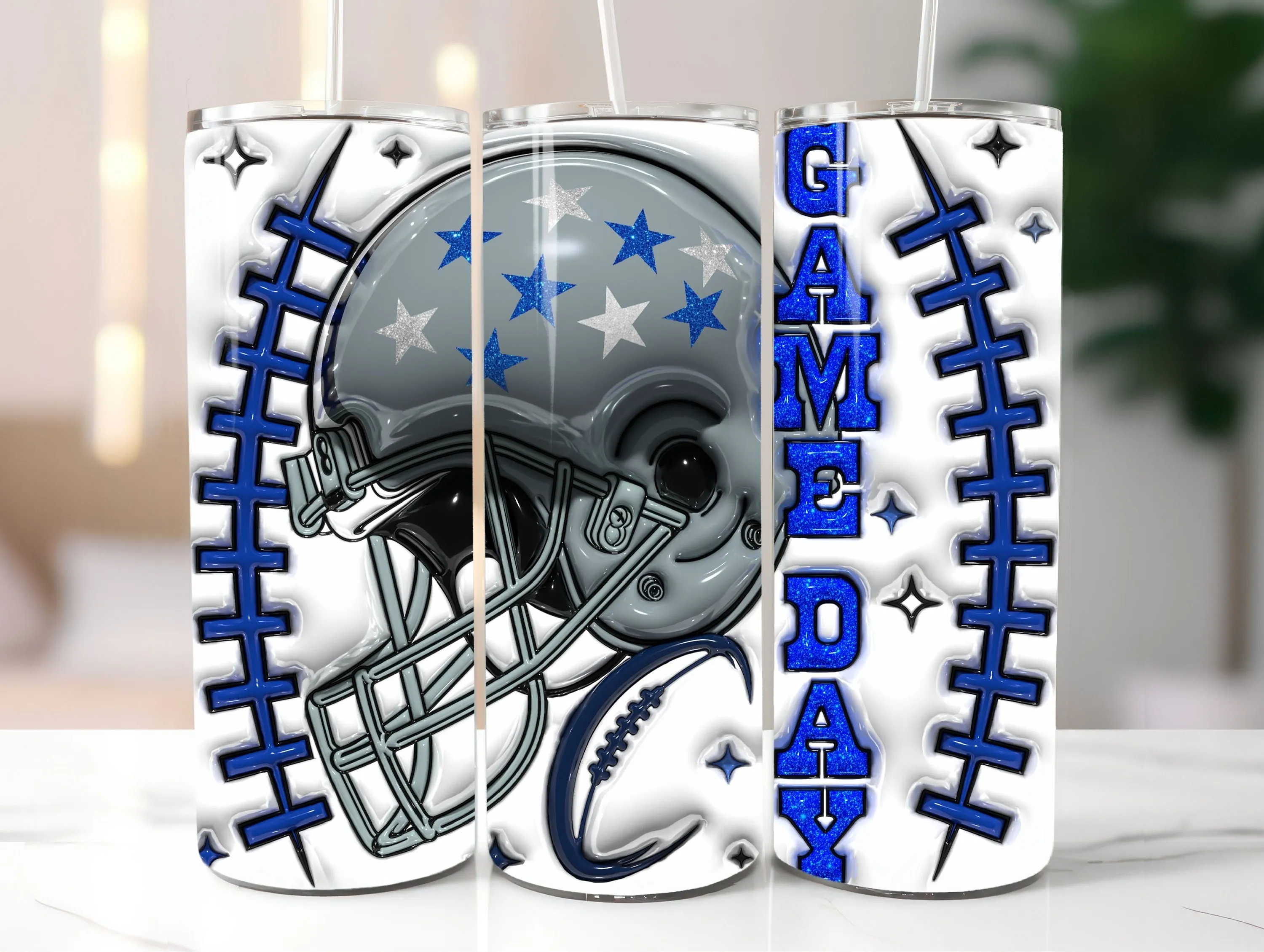 3D Glitter Game Day Navy Blue Colors Inflated Tumbler Wrap PNG, 3D Puffy American Football Sublimation Design, Instant Digital Download