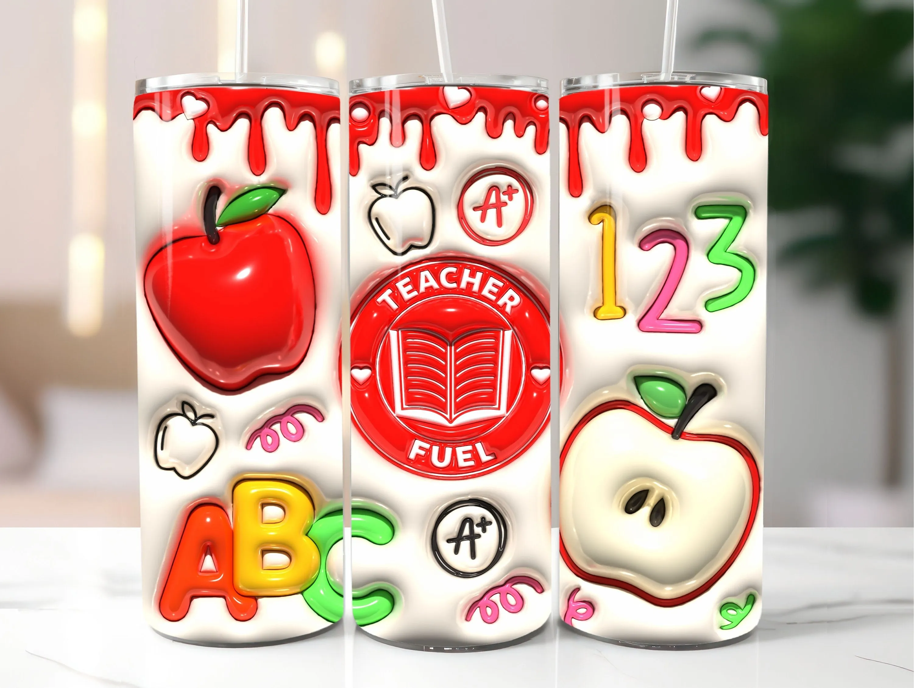 3D Teacher Fuel Inflated Tumbler Wrap PNG - 3D Teacher Puff Tumbler Sublimation Design - 20oz Skinny Tumbler Wrap - Instant Digital Download