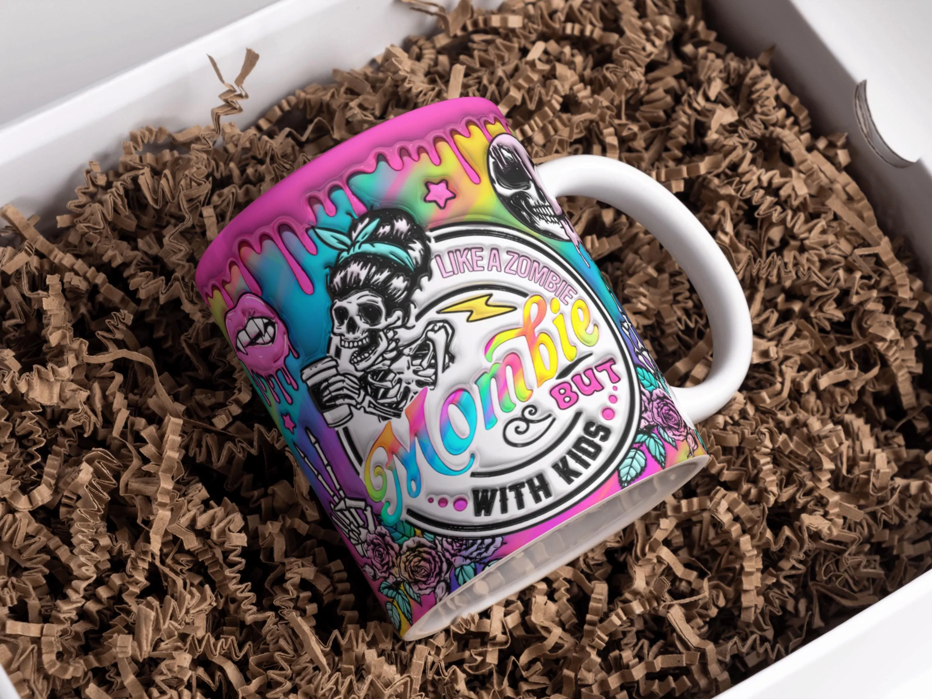 3D Inflated Mombie Mom Inflated Mug Wrap, Spooky Coffee Cup Sublimation Design, Colorful Halloween 11oz & 15oz, Puff Sarcastic Skull Mug PNG