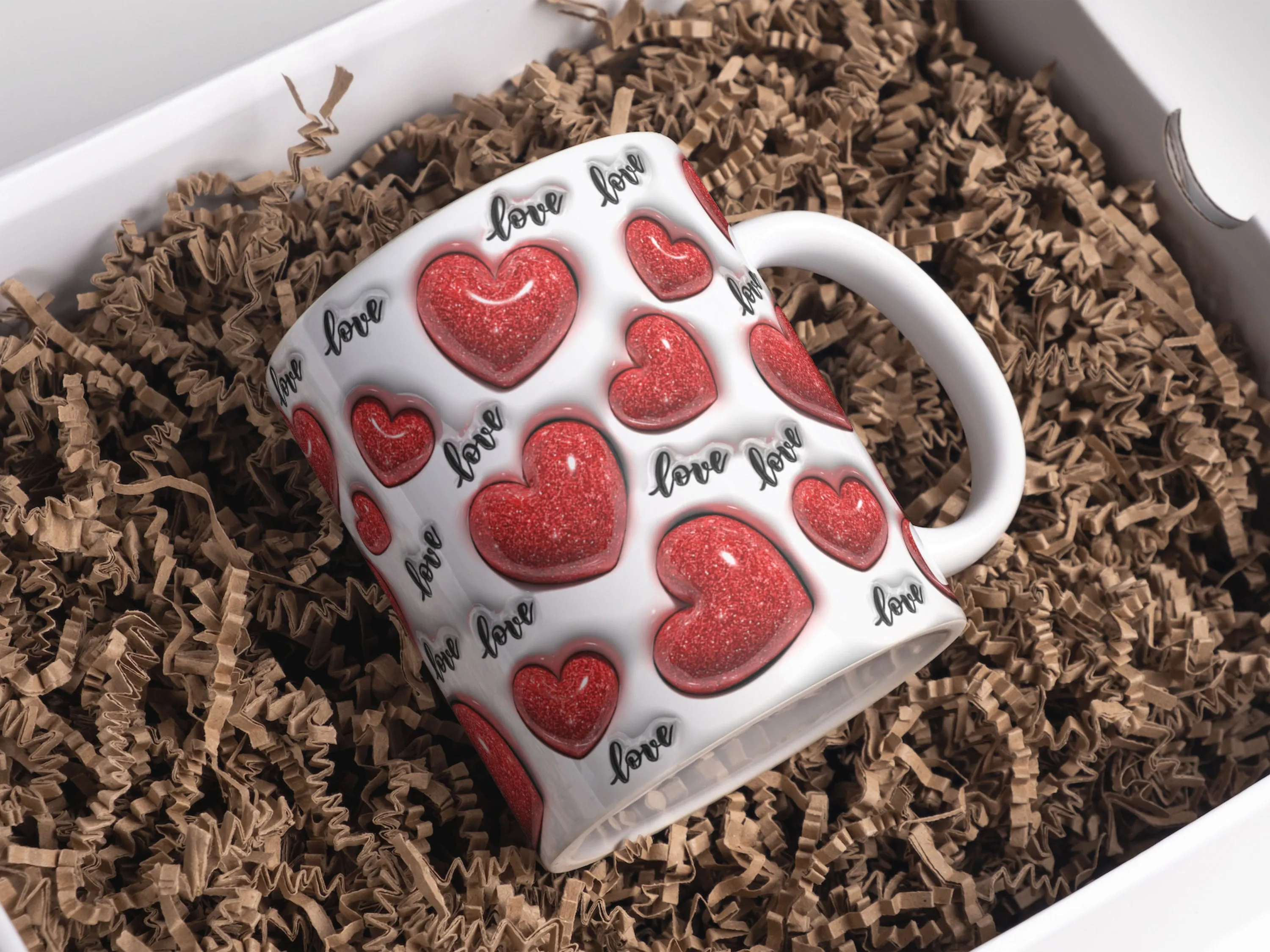 3D Red Glitter Love Hearts Inflated Mug Wrap Sublimation Design 11oz & 15oz, Puffy Valentine's Day Hearts Mug PNG, Mug Sublimation Designs