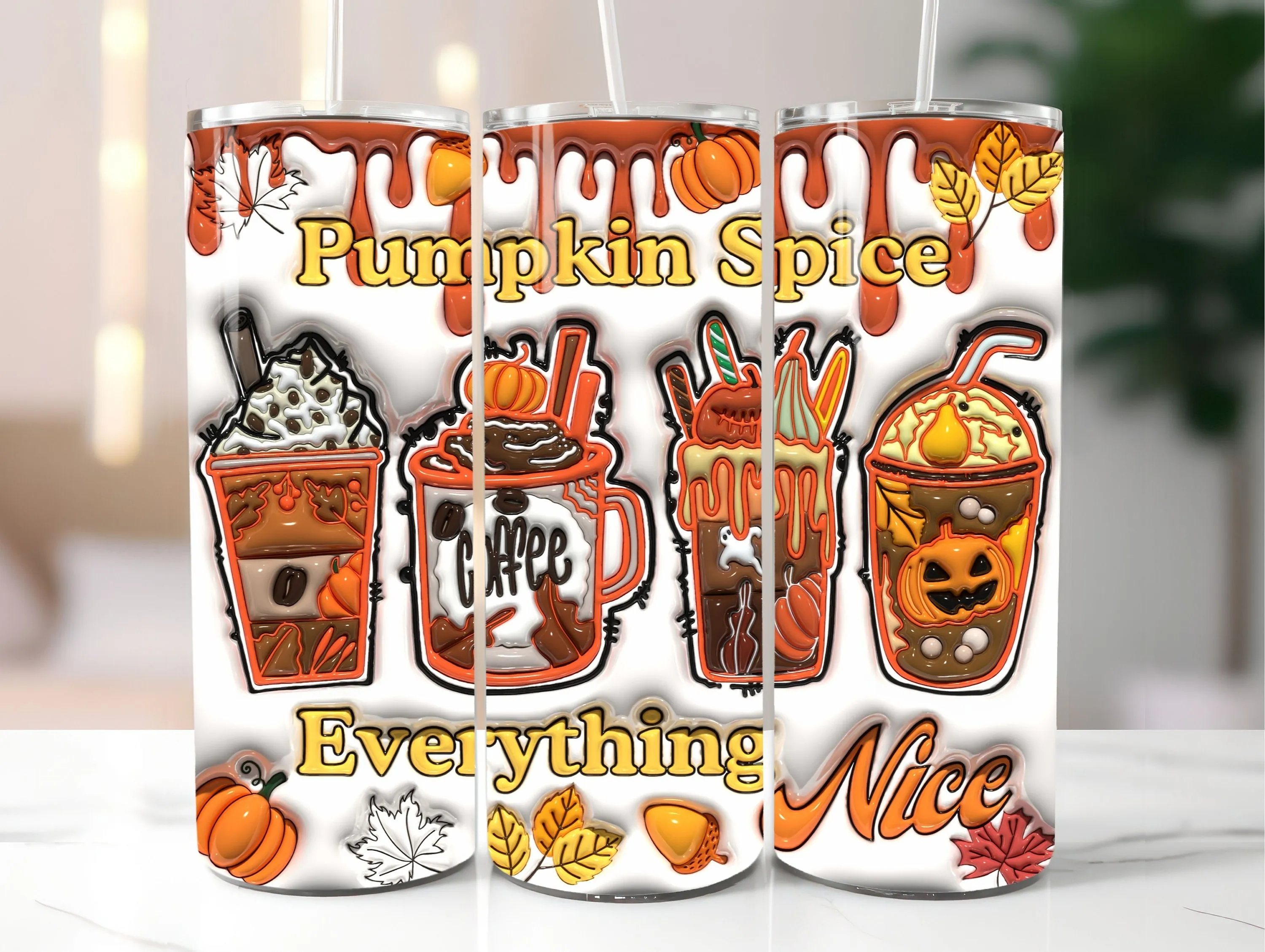 3D Pumpkin Spice Everything Nice Inflated Tumbler Wrap PNG - 3D Puff Fall 20oz Skinny Tumbler Sublimation Design - Instant Digital Download