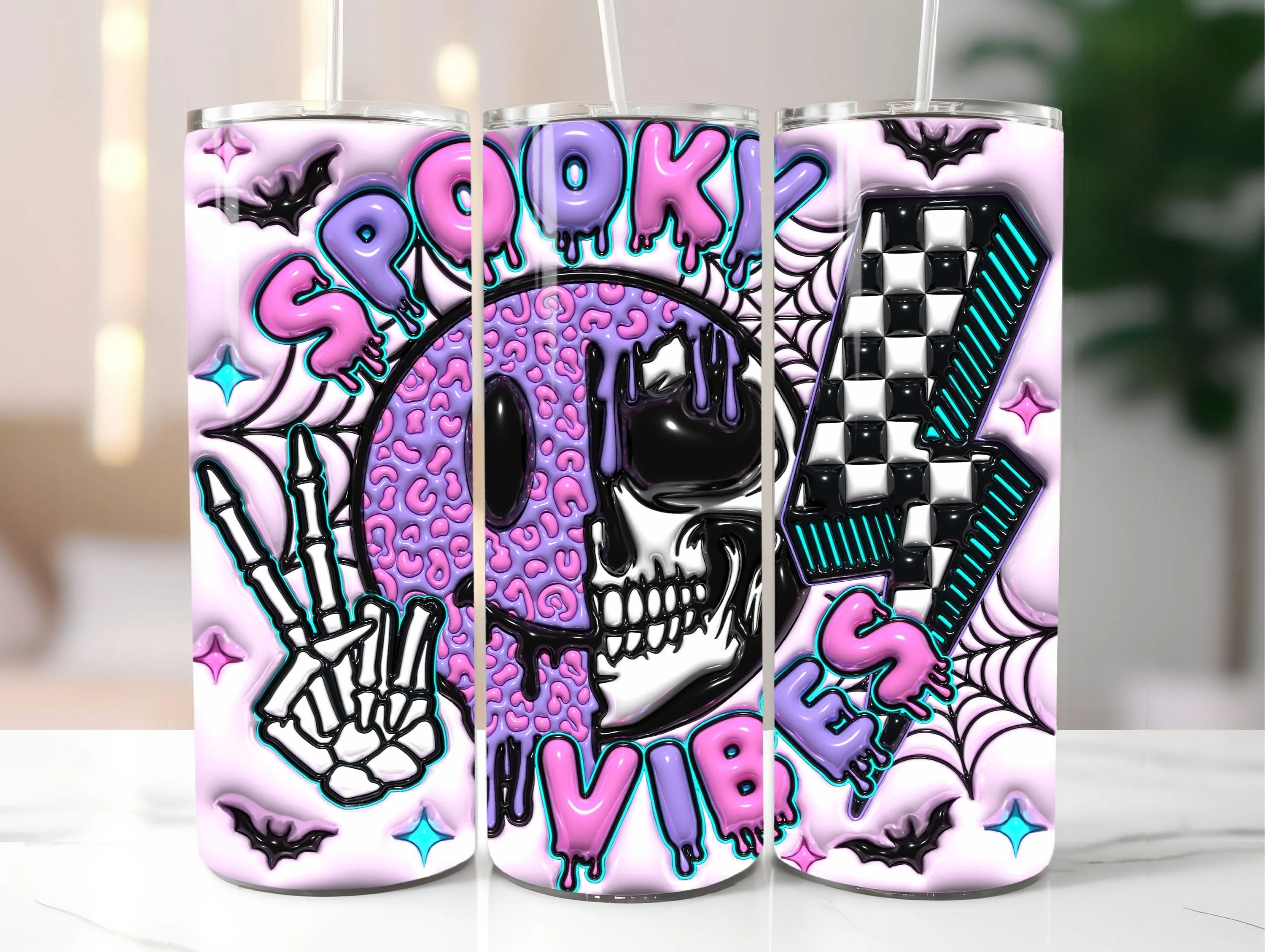 3D Spooky Vibes Halloween Inflated Tumbler Wrap PNG - 3D Puff Retro Smiley face Skinny Tumbler Sublimation Design - Instant Digital Download