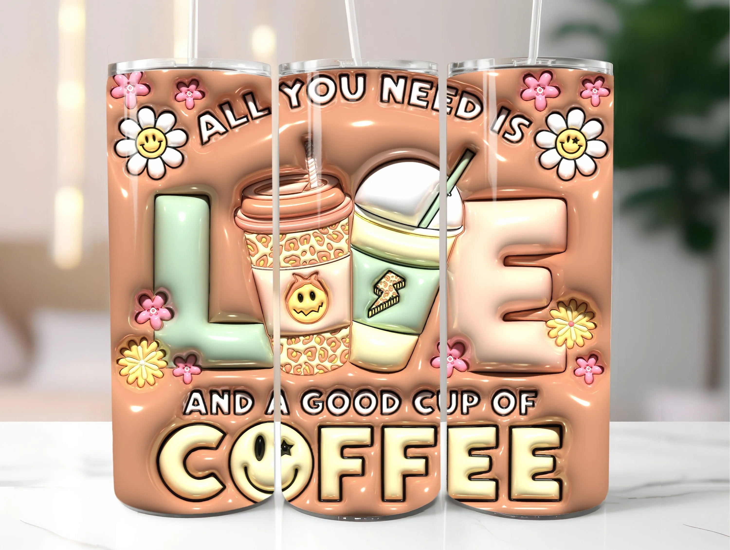 3D Retro Coffee Lovers Inflated Tumbler Wrap - 3D Puff Coffee 20oz Tumbler Sublimation - Skinny Tumbler Wrap - Instant Digital Download