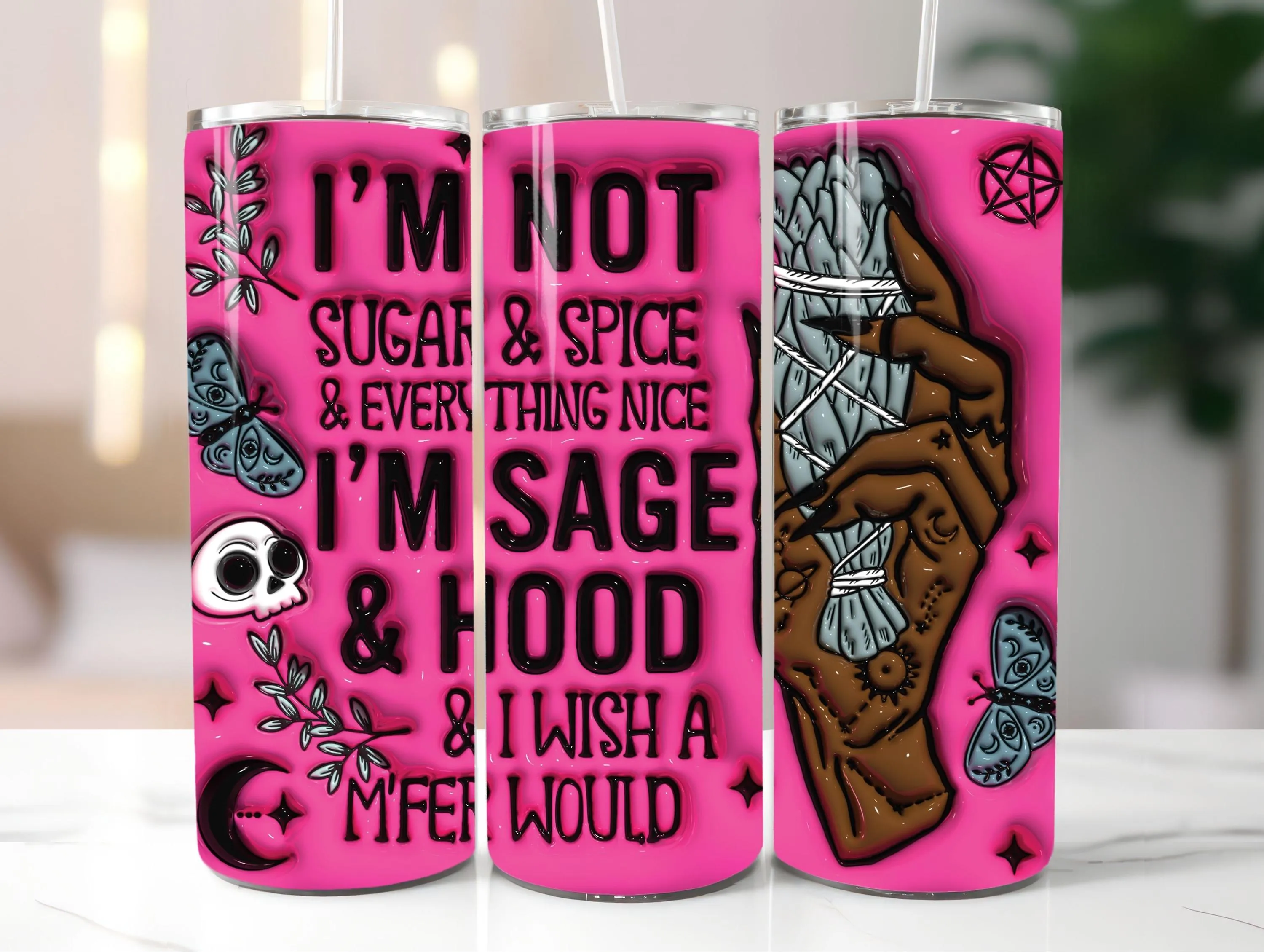 3D Pink Brown I'm Not Sugar and Spice I'm Sage Inflated Tumbler Wrap PNG | 3D Rose Puffy Witch 20oz Tumbler Sublimation Design | Digital