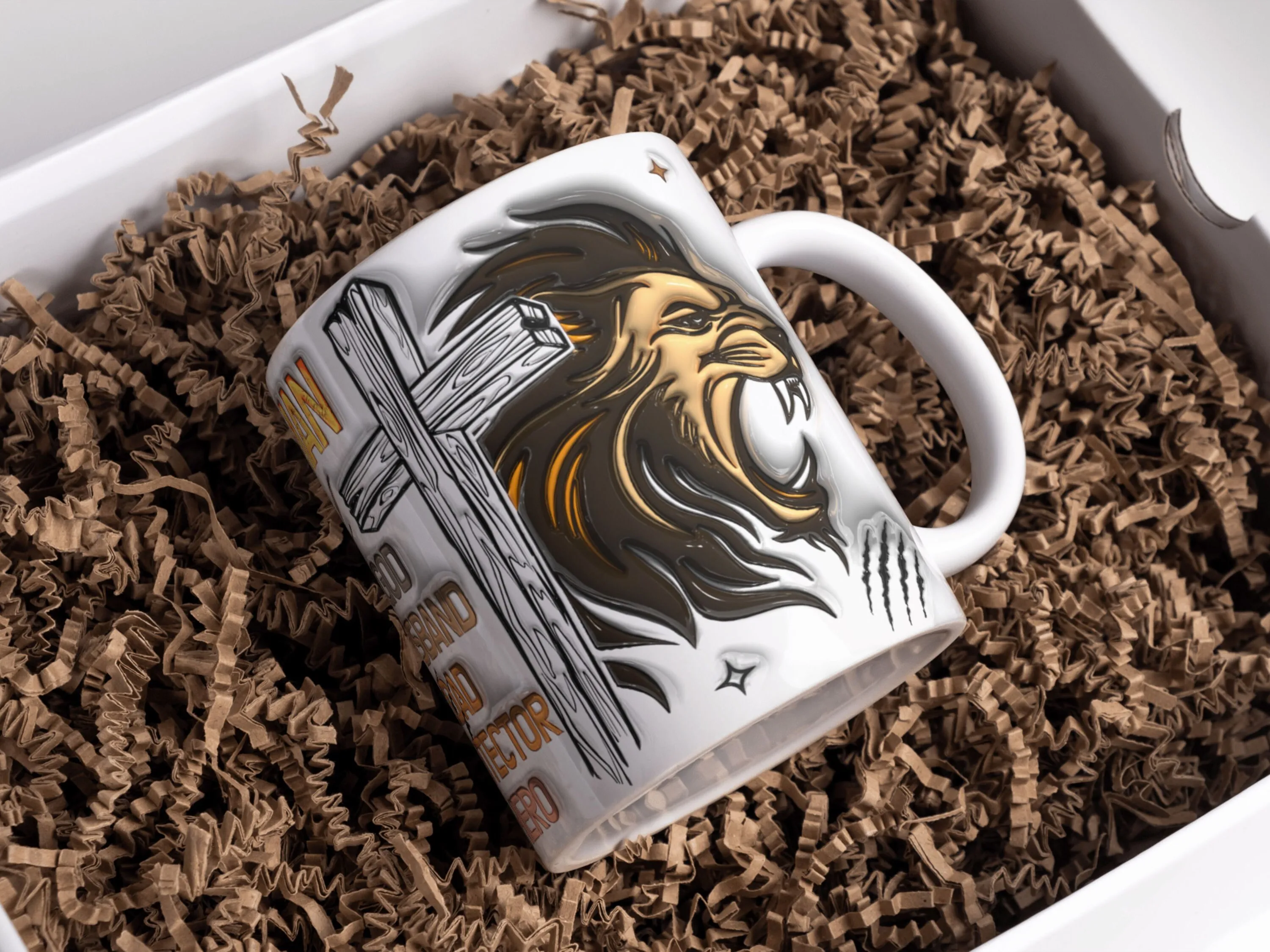 Man of God Inflated Mug Sublimation Design 11oz & 15oz, Puffy Father's Day Mug PNG, Design with Lion and Cross PNG, Inspirational Protector