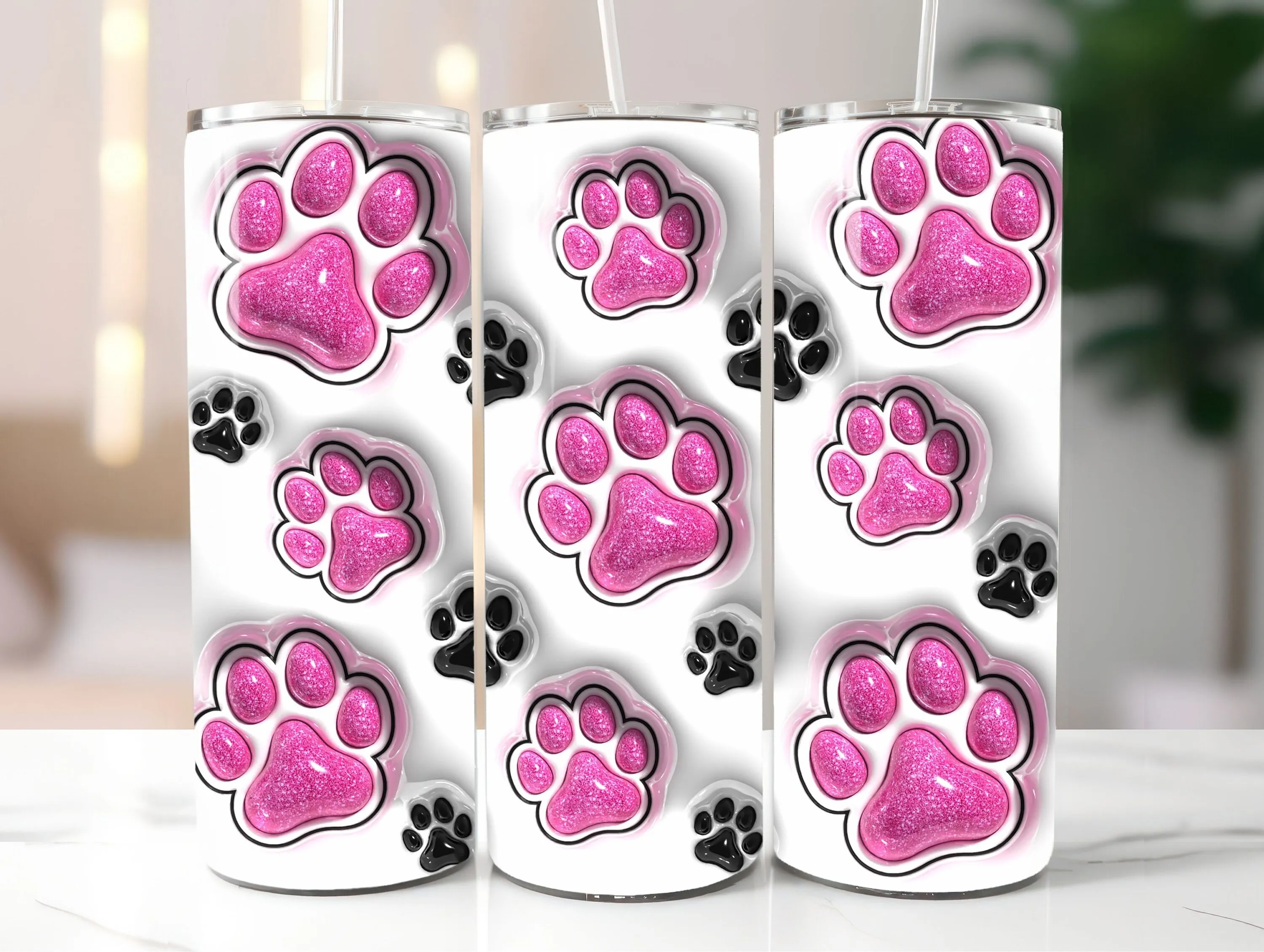 3D Seamless Sparkly Pet Paws Inflated Tumbler Wrap, Puffy Pink Glitter Dog Mom Sublimation Design, Dog Lover PNG, Instant Digital Download