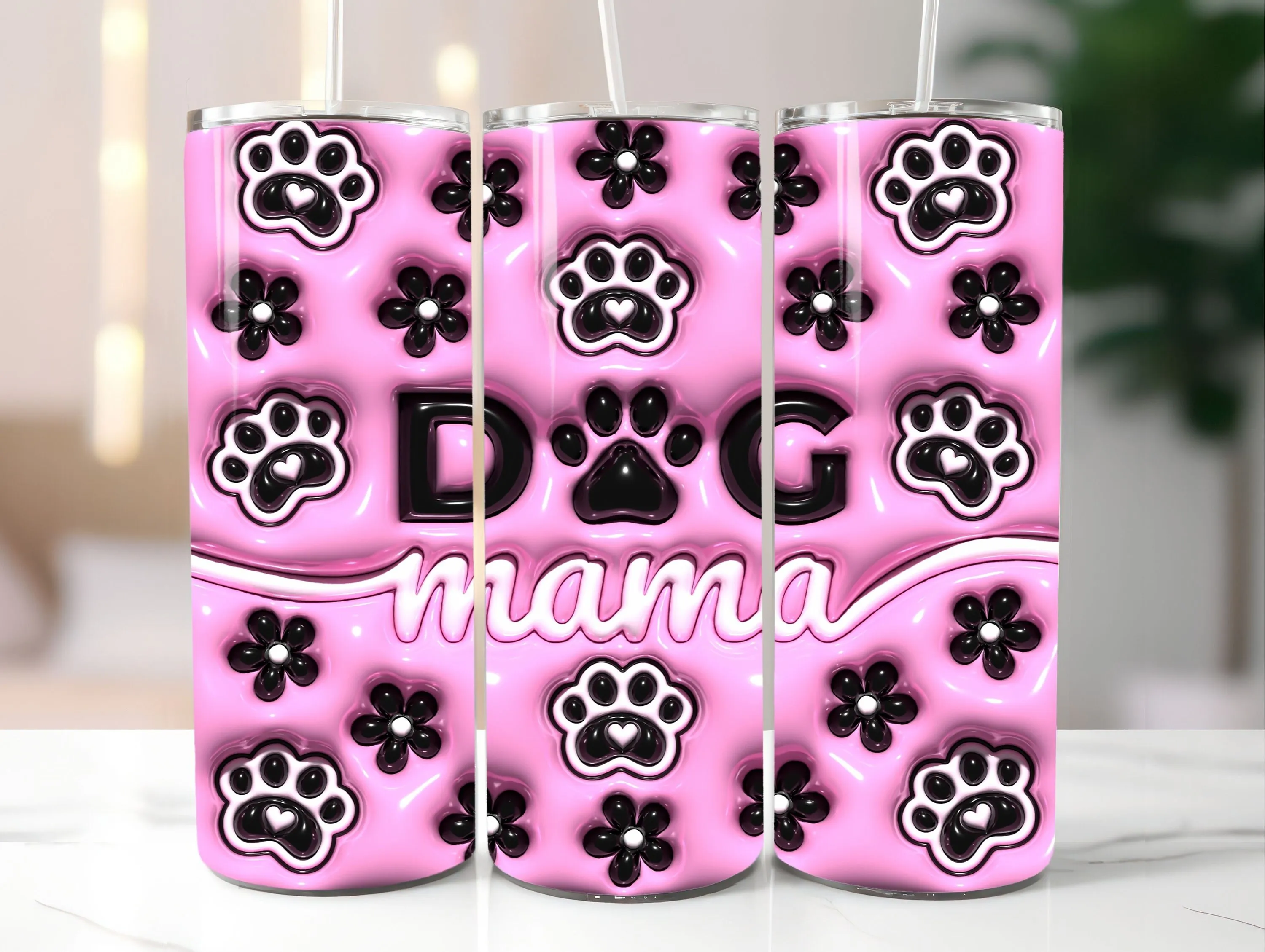 3D Pink Dog Lover Puff Tumbler Wrap - 3D Inflated Dog Mama 20oz Tumbler Sublimation - Dog Paws Skinny Tumbler PNG - Instant Digital Download