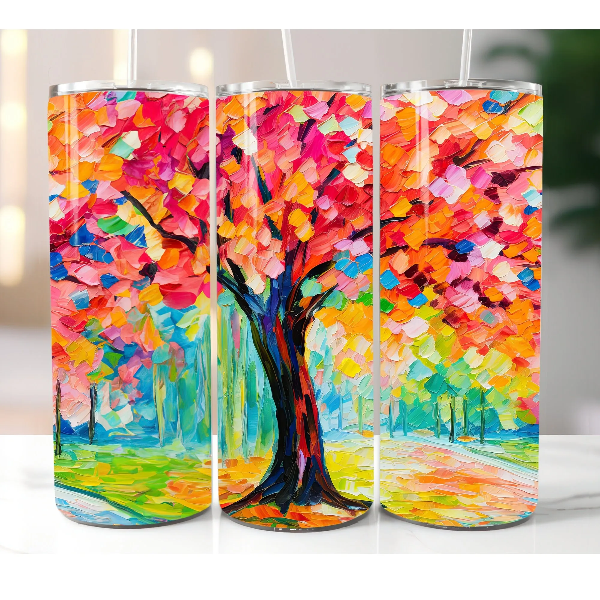 3D Fall Tree Oil Paint Tumbler Wrap - 20oz Tumbler & 30oz Tumbler - 3D Tumbler Wrap - 3D Tumbler Design - Skinny Tumbler Sublimation Designs