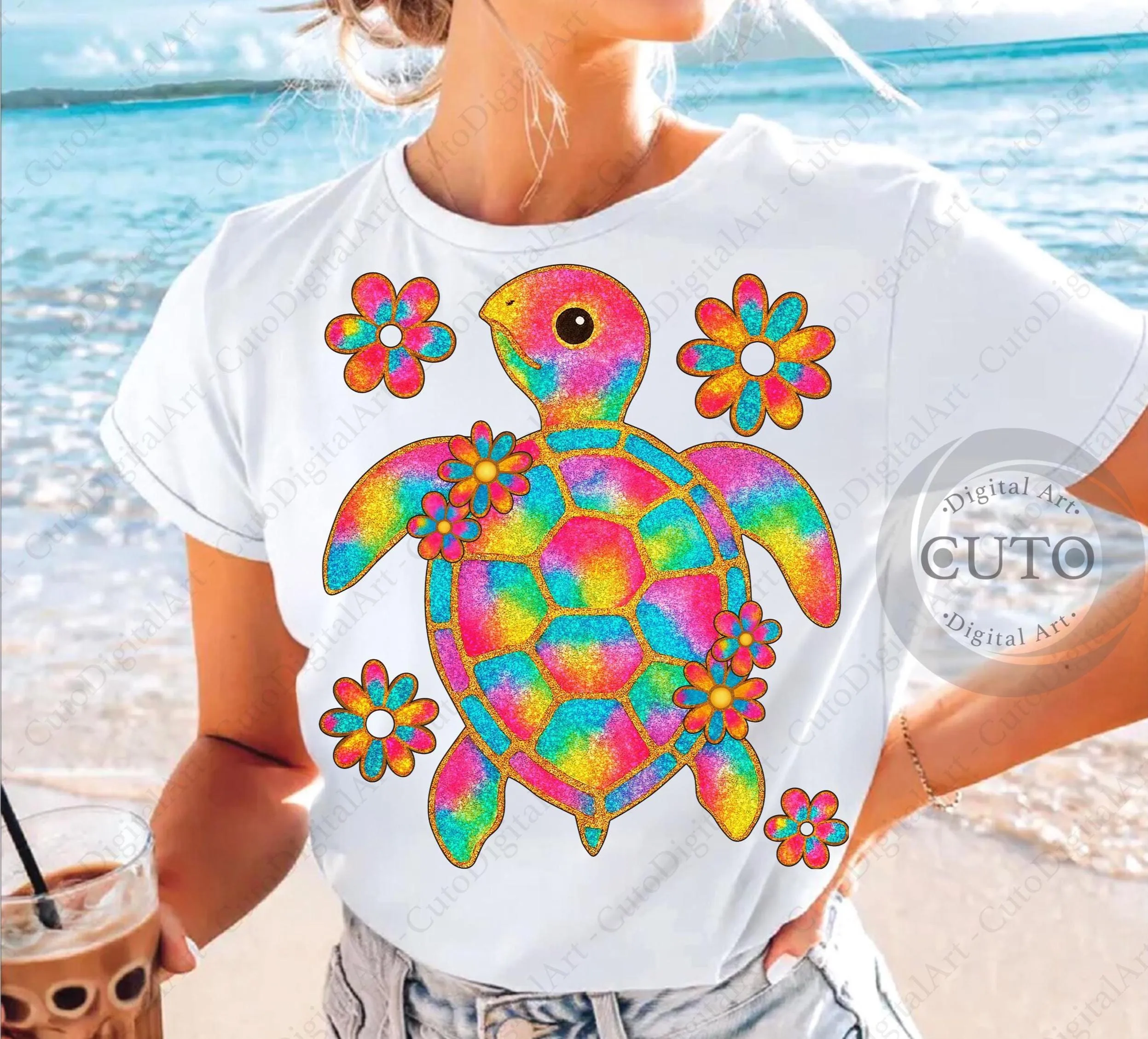 Preppy Summer Turtle Sublimation Design PNG, Colorful Glitter Summer T-shirt PNG, Retro Fancy Turtle Sweatshirt PNG, Trendy Digital Download