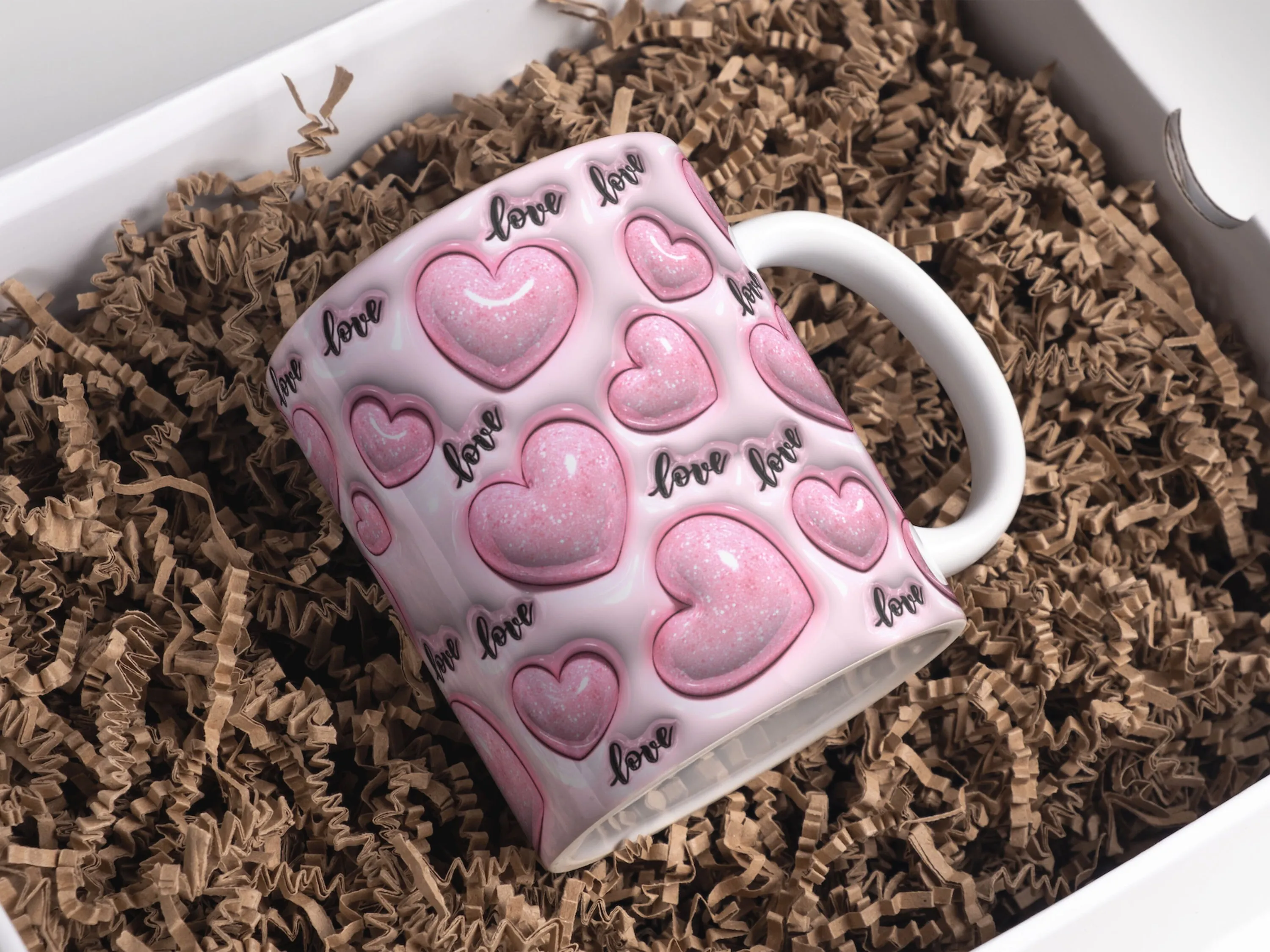 3D Pink Glitter Love Hearts Inflated Mug Wrap Sublimation Design 11oz & 15oz, Puffy Valentine's Day Hearts Mug PNG, Mug Sublimation Designs