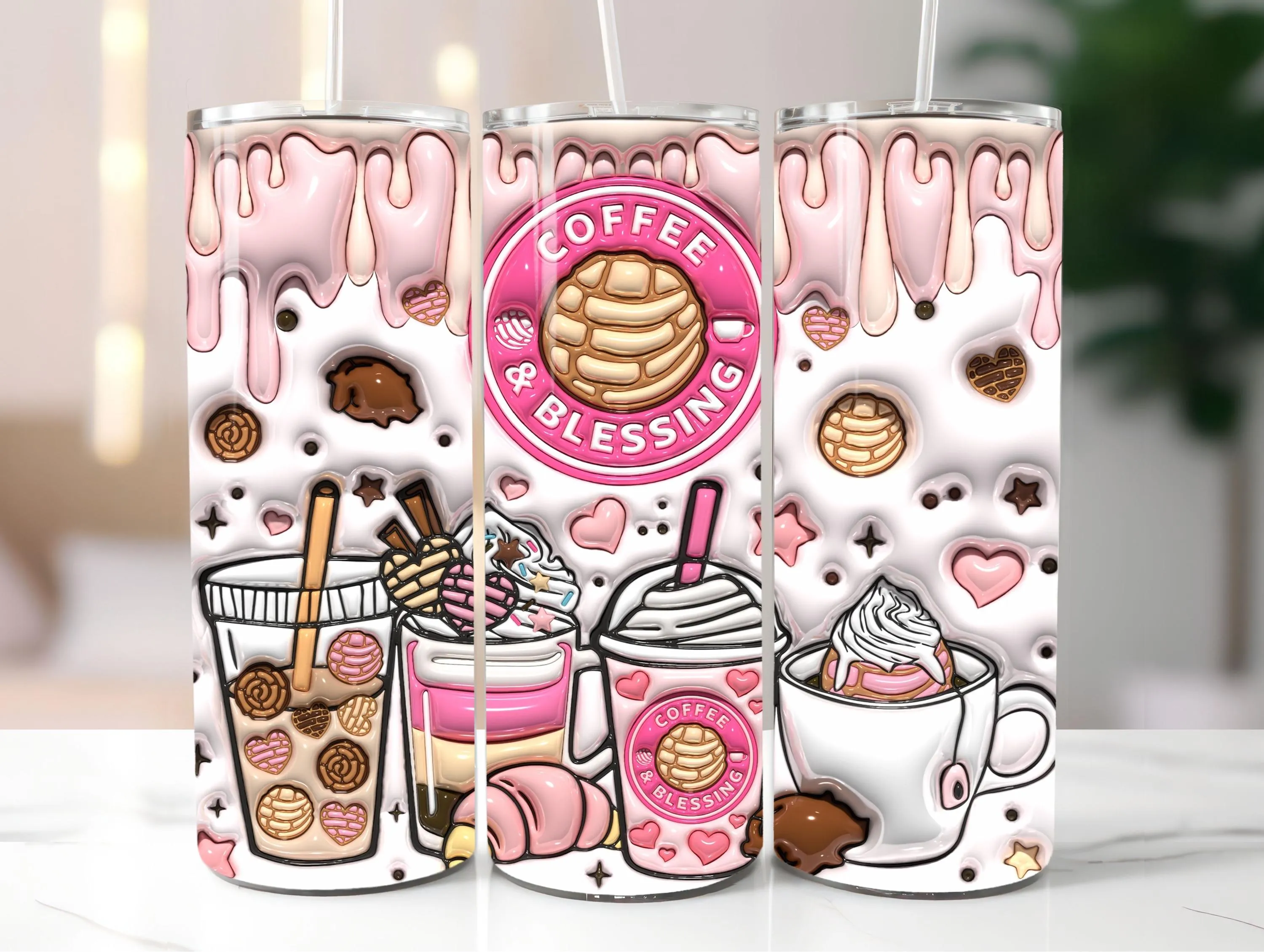 3D Inflated Coffee and Blessing Tumbler Wrap PNG - Puffy Coffee Cups 20oz Tumbler Sublimation-Christian Coffee Tumbler Wrap Digital Download