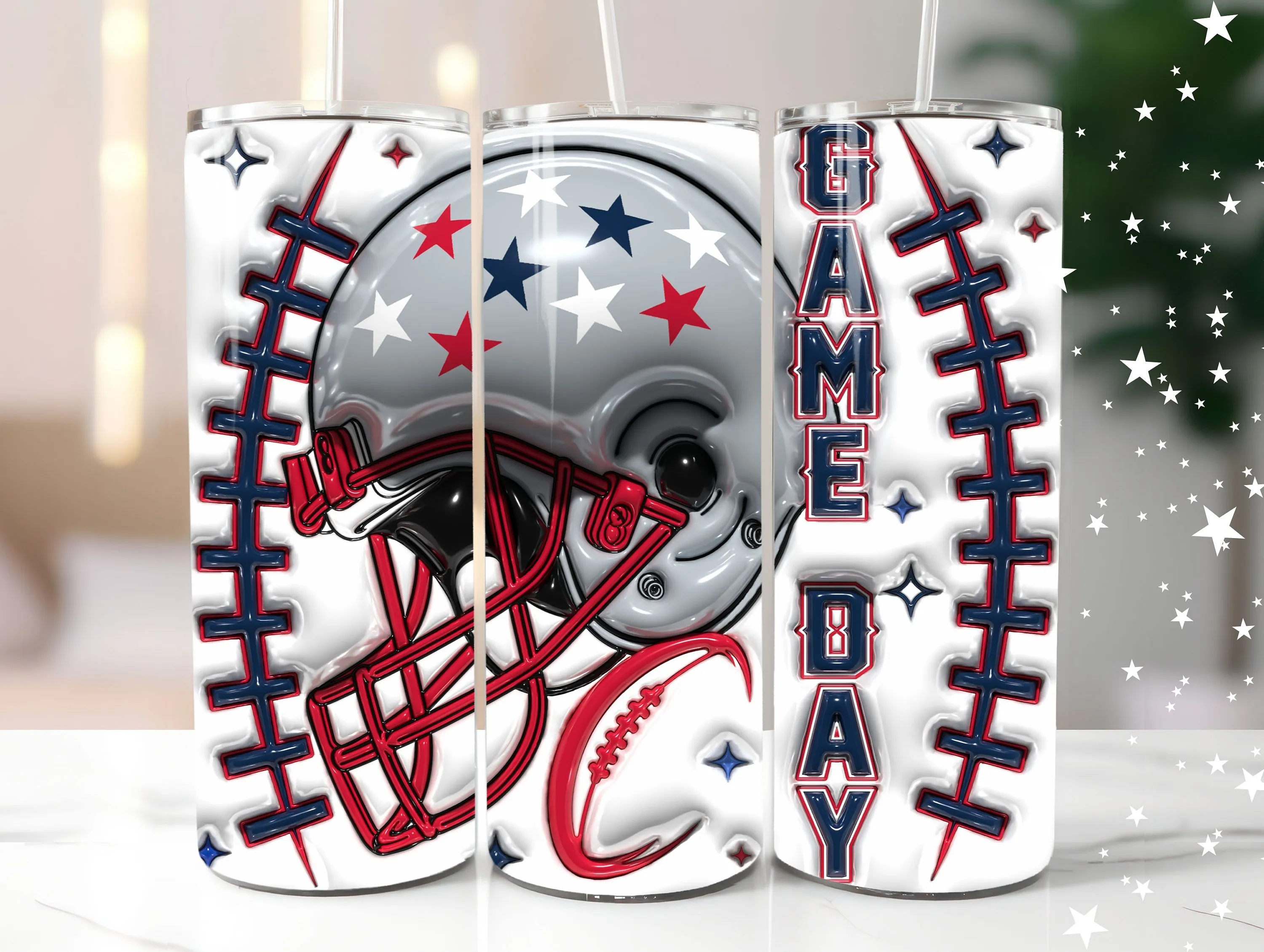 3D Game Day in Patriotic Colors Inflated Tumbler Wrap PNG, 3D Puffy Red White & Blue American Football Sublimation Design, Instant Download