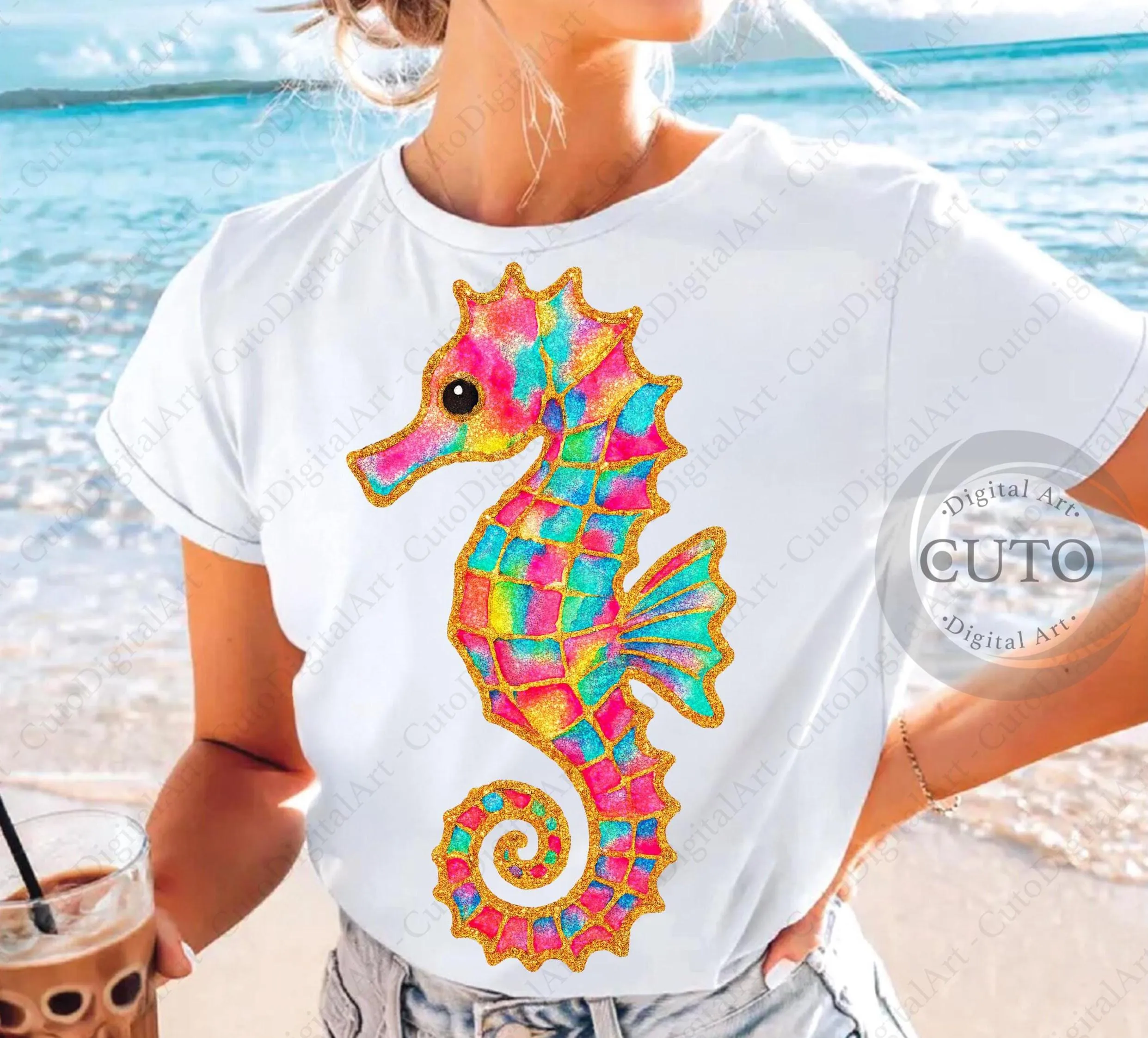 Preppy Summer Seahorse Sublimation Design PNG, Colorful Summer T-shirt PNG, Retro Fancy Seahorse Sweatshirt PNG, Trendy Digital Download
