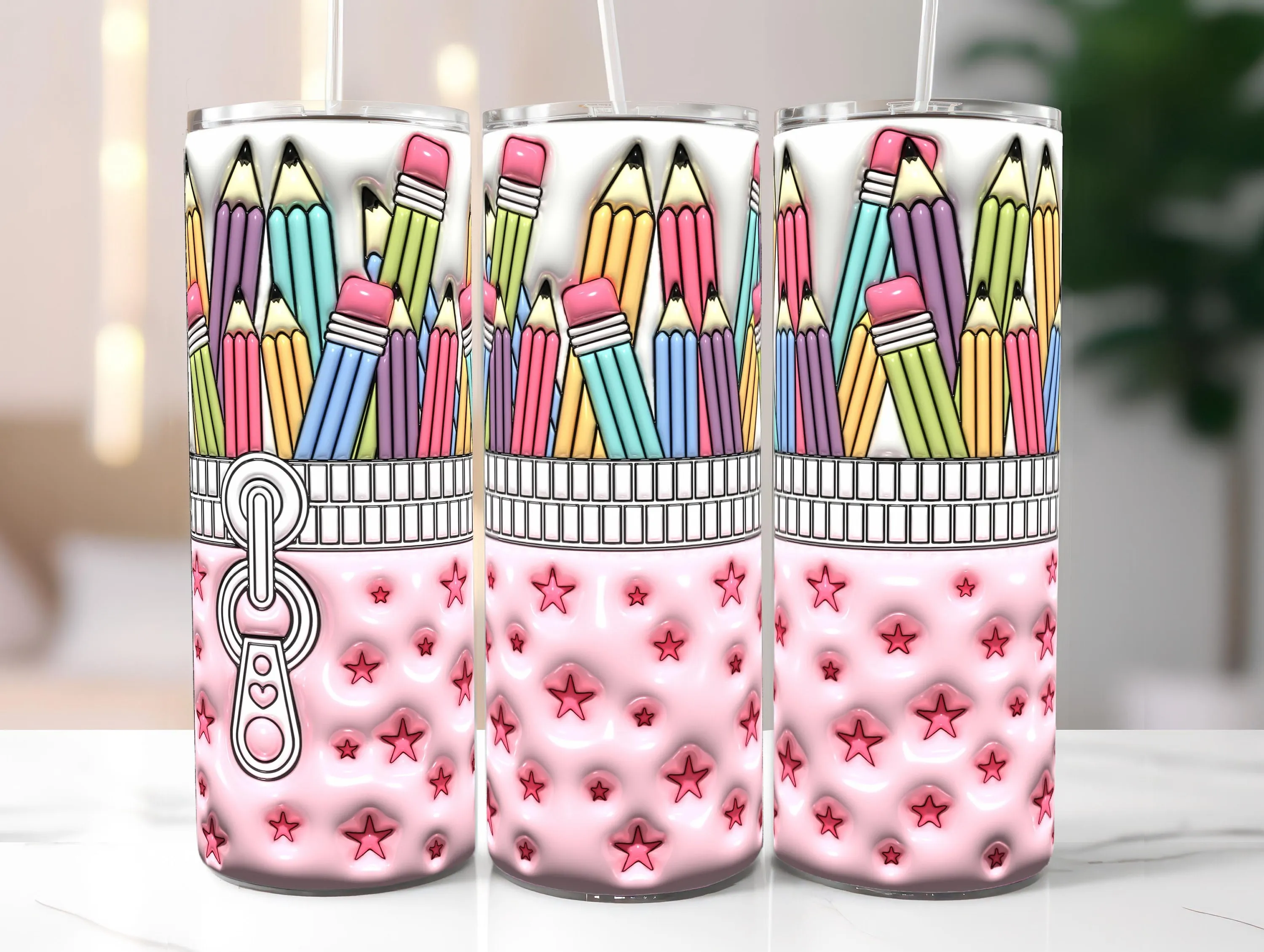 3D Teacher Pencil Case Inflated Tumbler Wrap PNG - 3D Puff School 20oz Tumbler Sublimation - Skinny Tumbler Wrap - Instant Digital Download