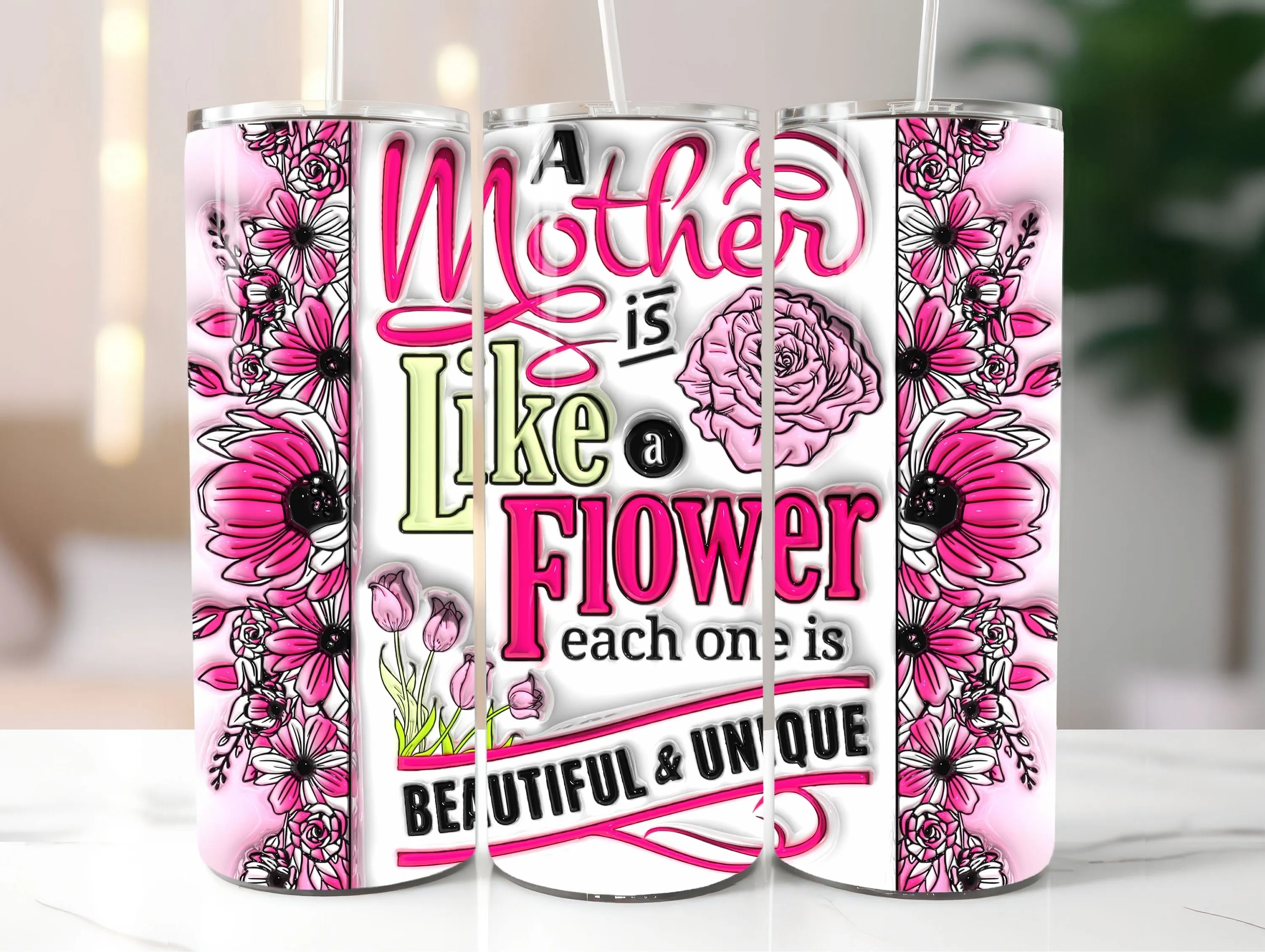3D A Mother is Like a Flower Inflated Tumbler Wrap - Puffy Mother's Day 20oz Tumbler Sublimation - Skinny Tumbler Wrap - Instant Download