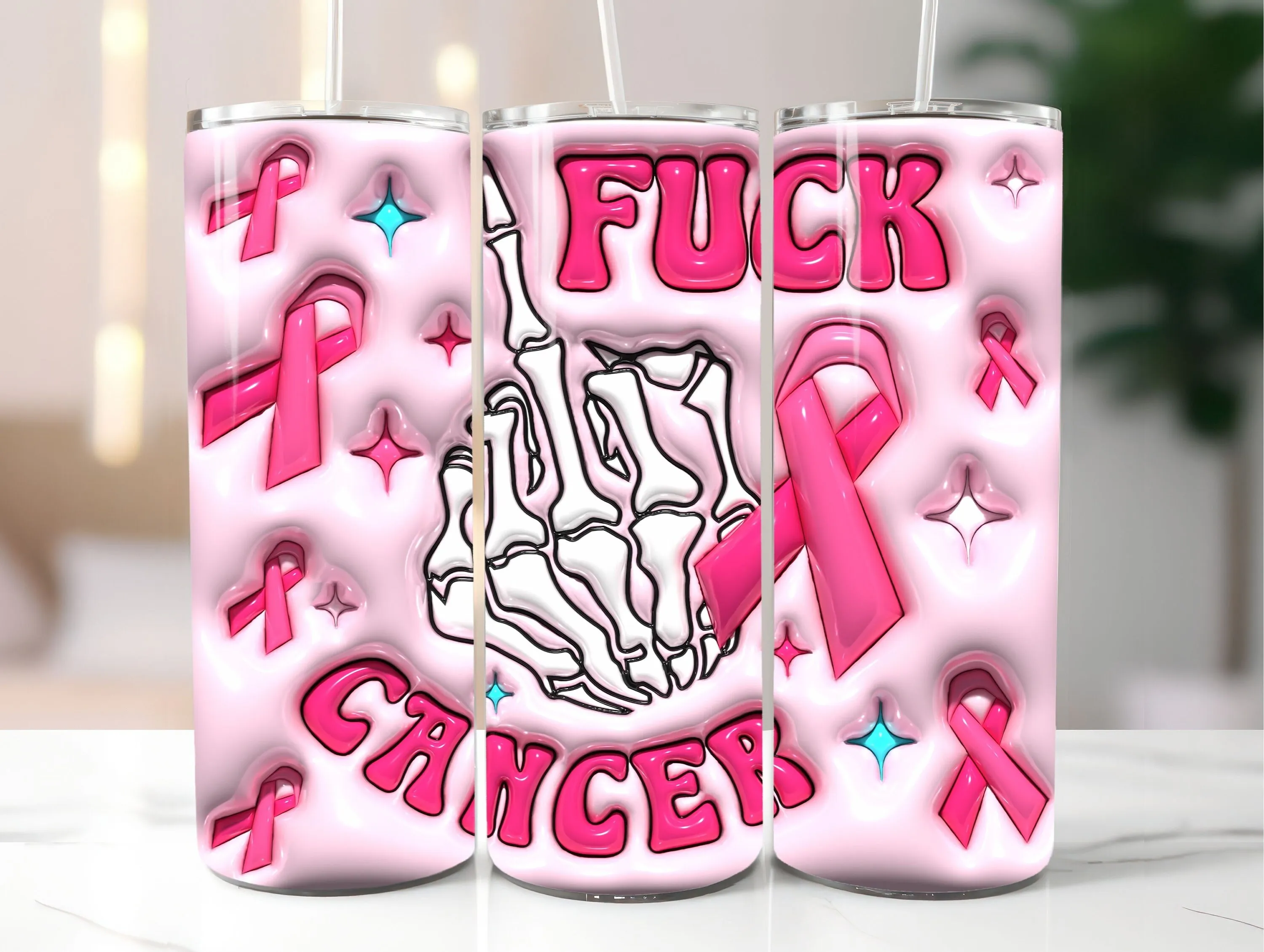 3D Fuck Cancer Inflated Tumbler Wrap PNG - 3D Puff Breast Cancer 20oz Tumbler Sublimation - Skinny Tumbler Wrap - Instant Digital Download