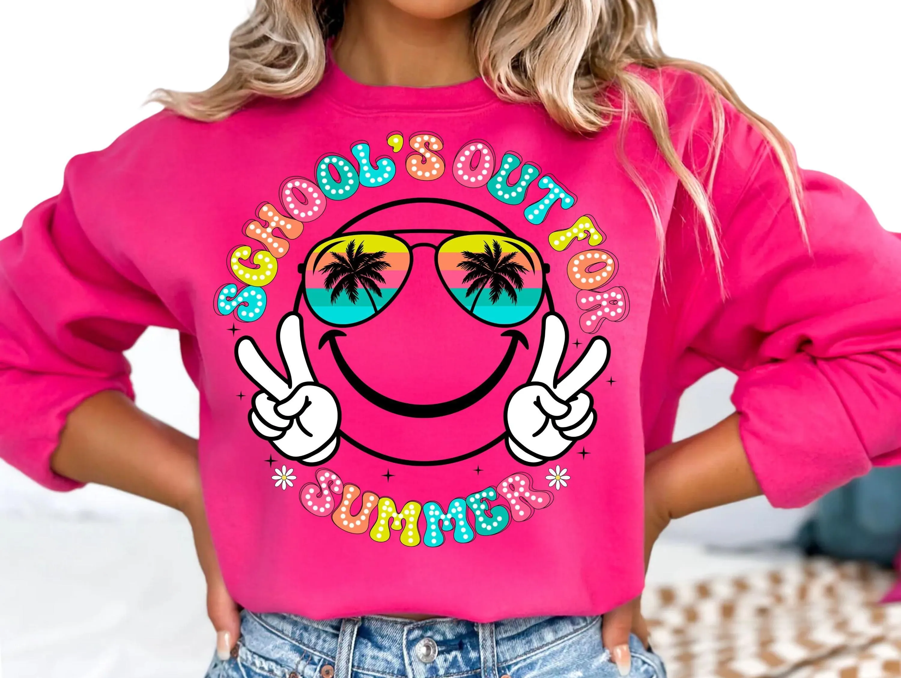 Schools Out For Summer Sublimation Design | Colorful Neon Summer Break Transparent PNG T-shirts Sweatshirts |  Sunglasses Palm Tree Peace