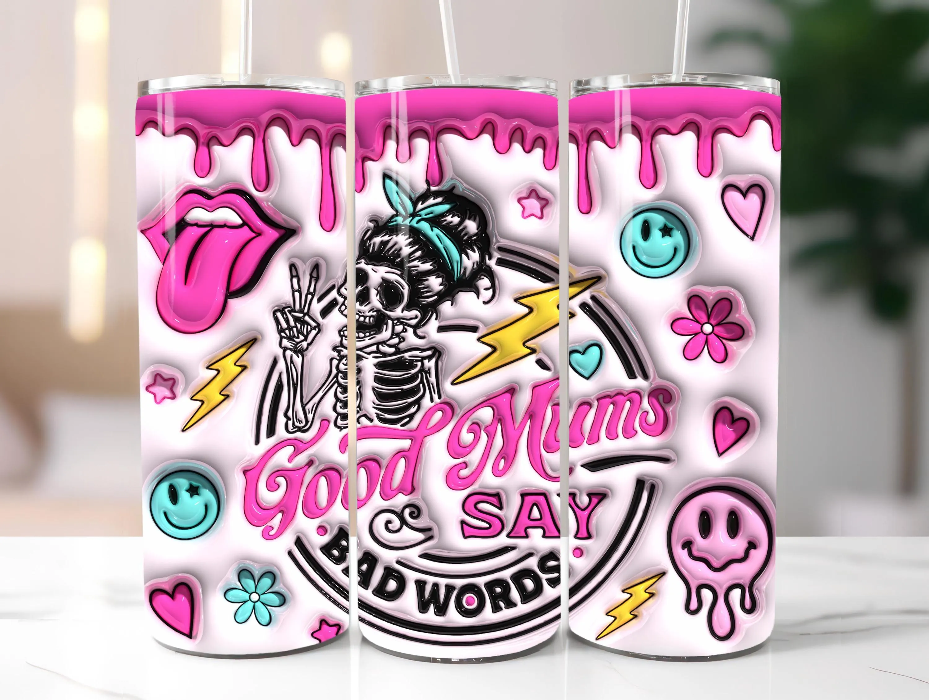 3D Seamless Good Mums Say Bad Words Inflated Tumbler Wrap, 3D Smile Face Puffy, Pink Skull Mum Bubble, Sarcastic Mum, Funny 20oz Tumbler PNG