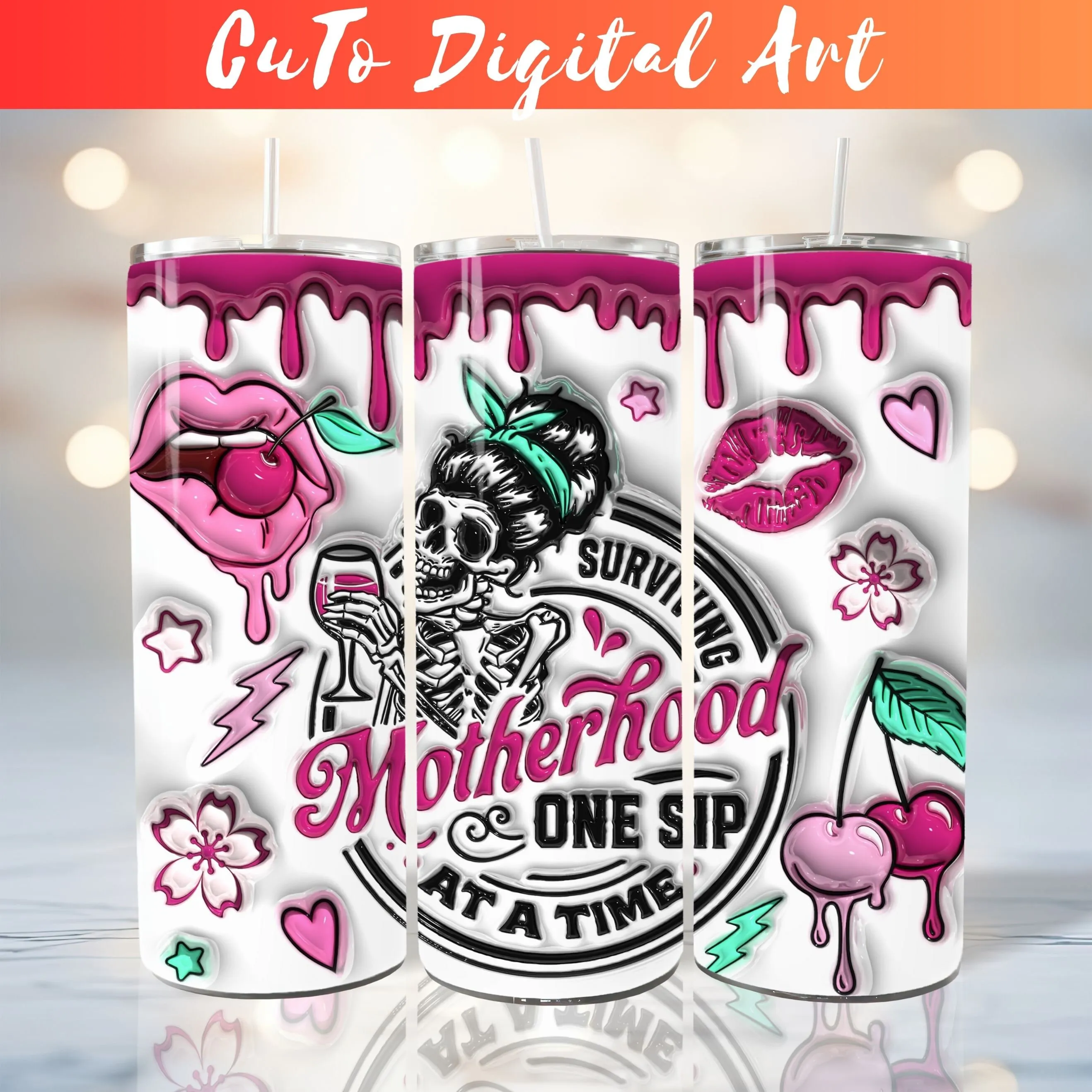 3D Surviving Motherhood One Sip at a Time Inflated Tumbler Wrap - Skeleton Mom with Wine Glass, Humorous Sublimation Design For 20oz Tumbler